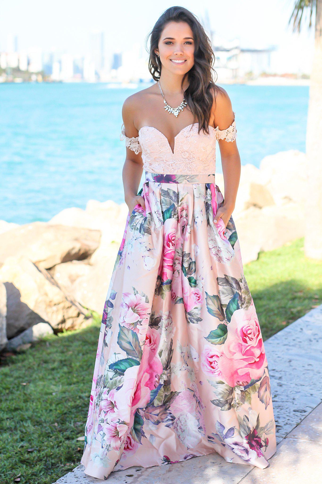 Elegant Blush Floral Off-Shoulder Maxi Dress with Crochet Trim