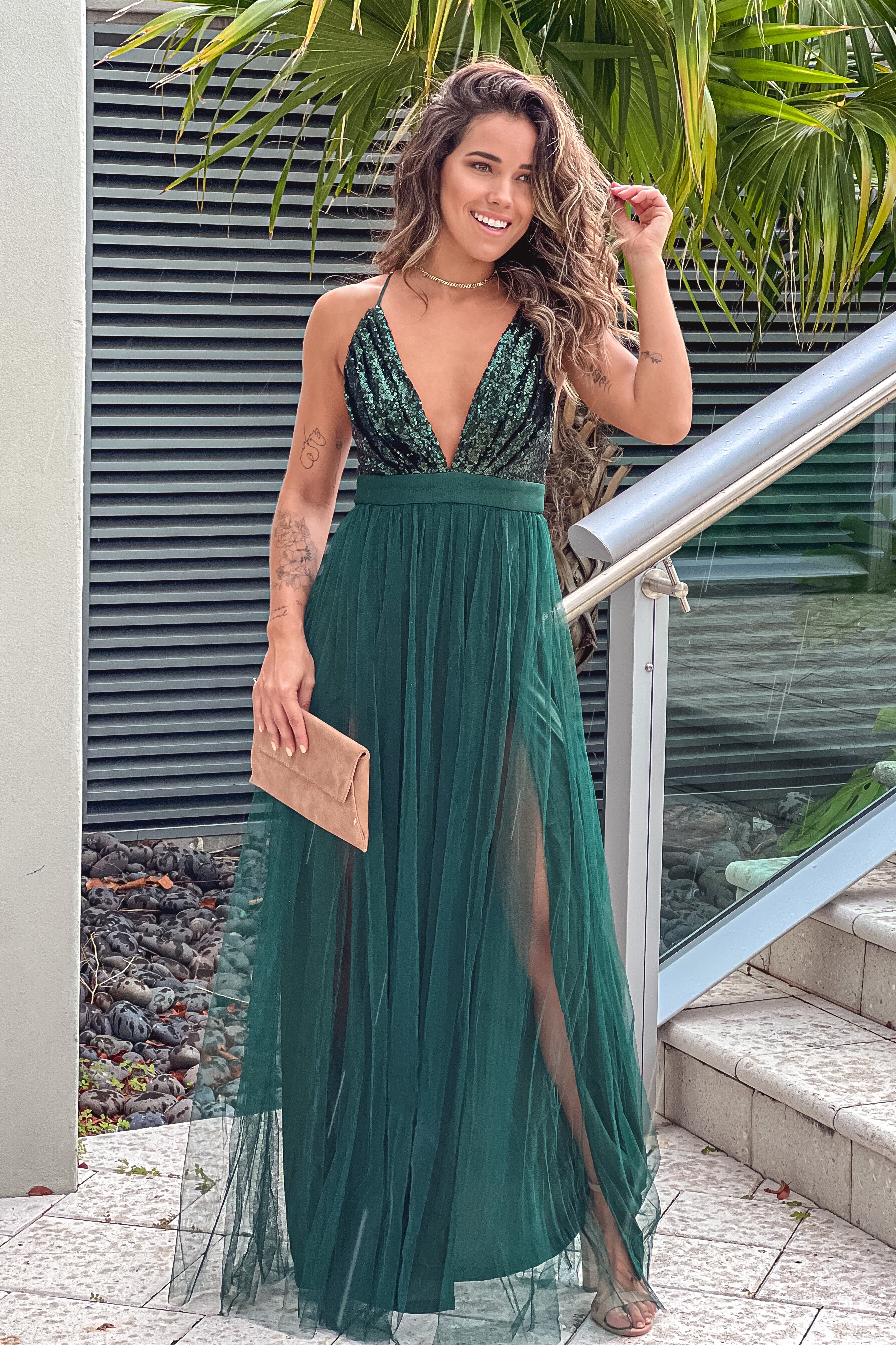 Stunning Hunter Green Sequin Top Tulle Maxi Dress with Criss Cross Back