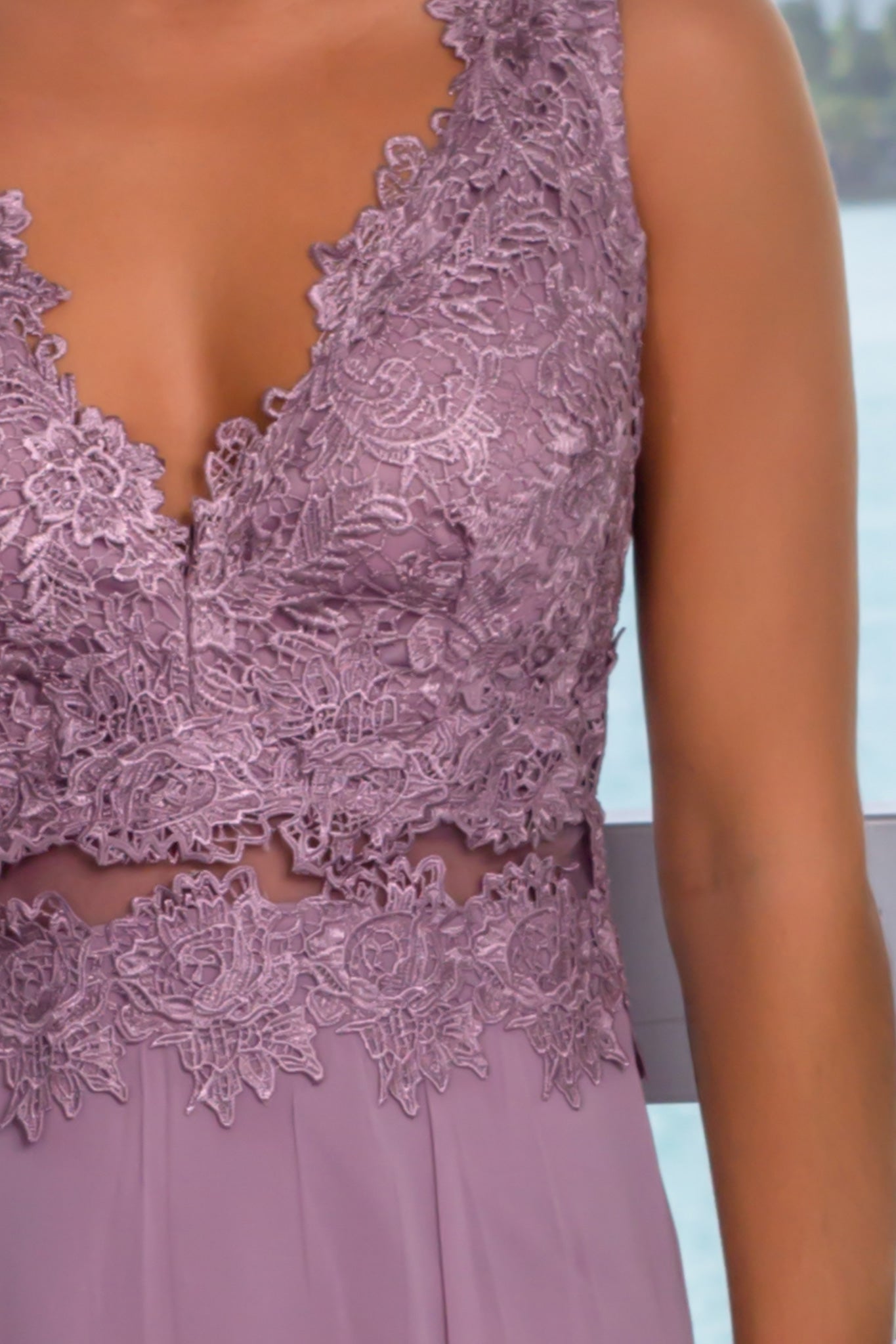 Gorgeous Mauve Crochet Top V-Neck Maxi Dress for Special Occasions