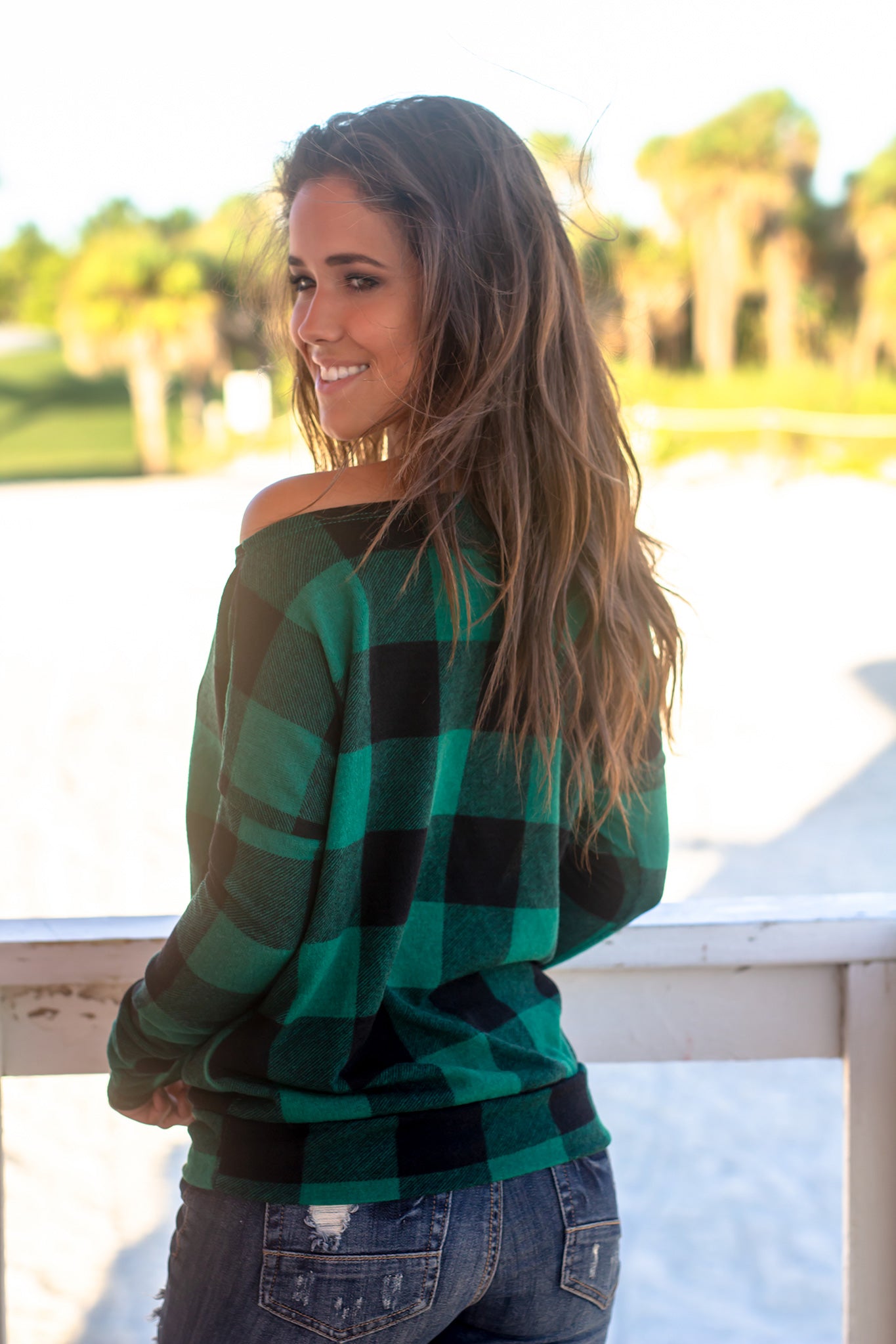 Stylish Hunter Green and Black Plaid One-Shoulder Asymmetrical Top