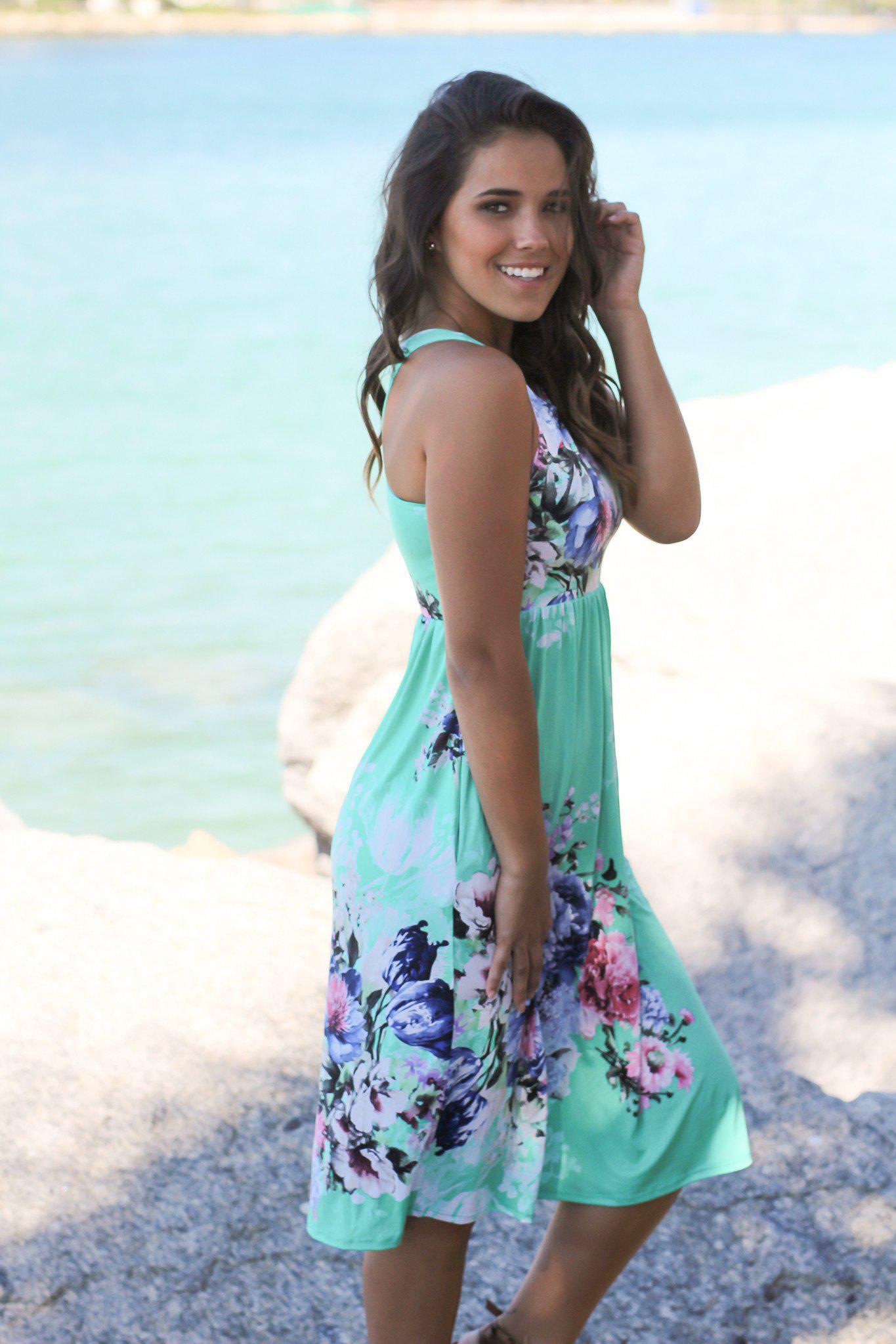 Adorable Mint Floral Print Sleeveless Midi Dress with Pockets