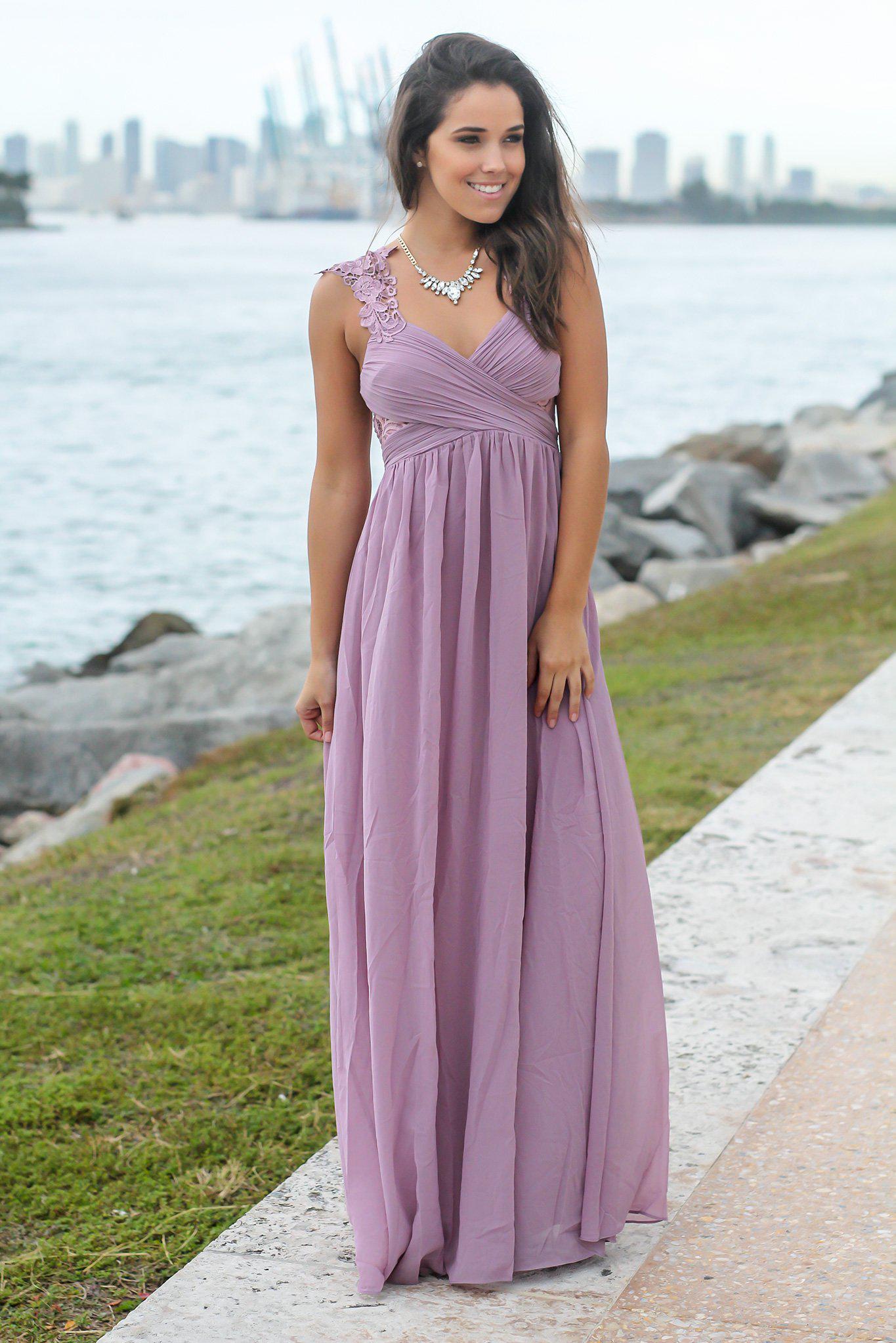 Gorgeous Mauve Women's Maxi Dress Featuring Pleated Top and Intricate Crochet Detail
