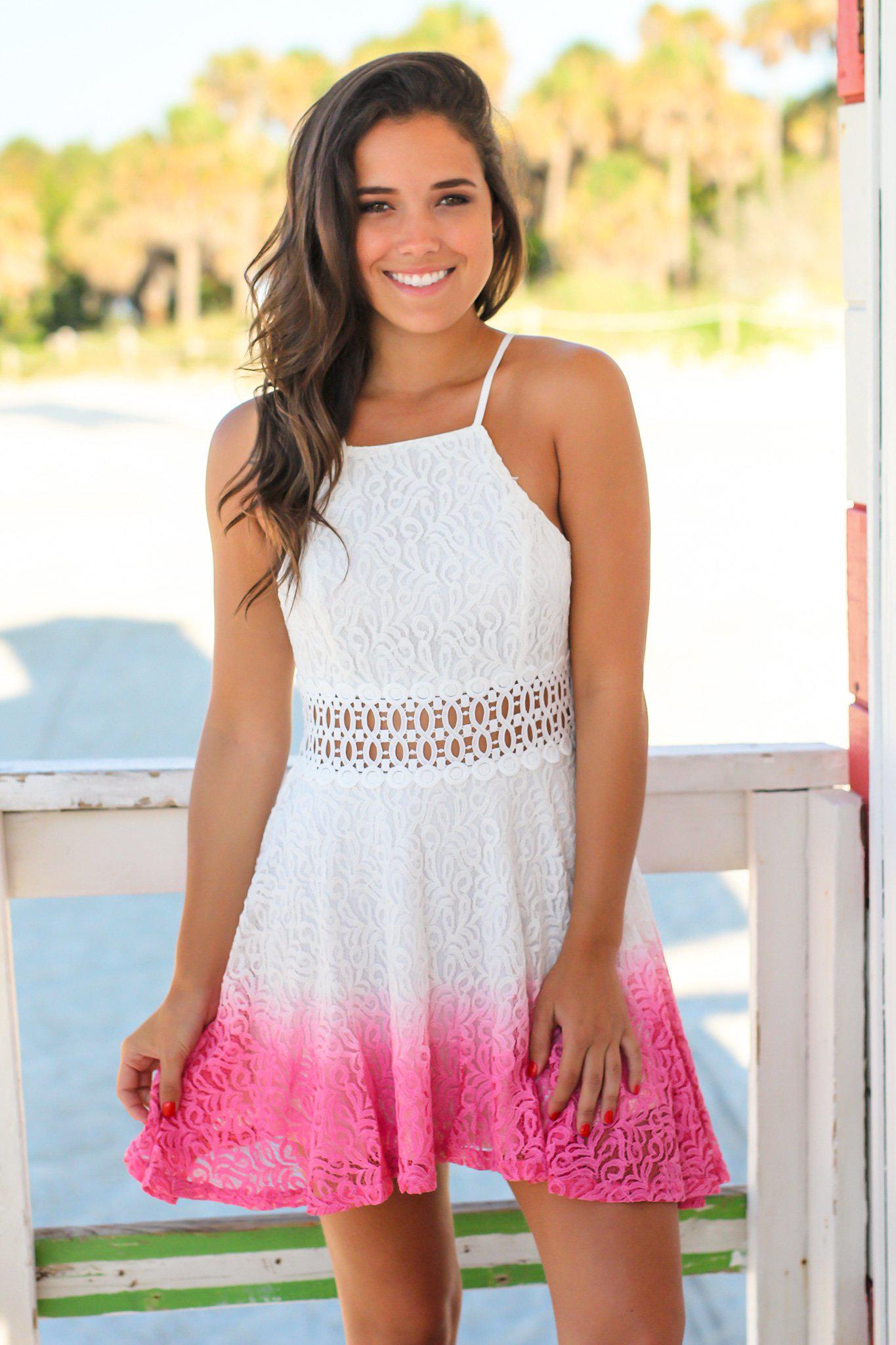 Summer Ivory and Rose Dip-Dyed Short Women's Dress with All-Over Lace Detailing