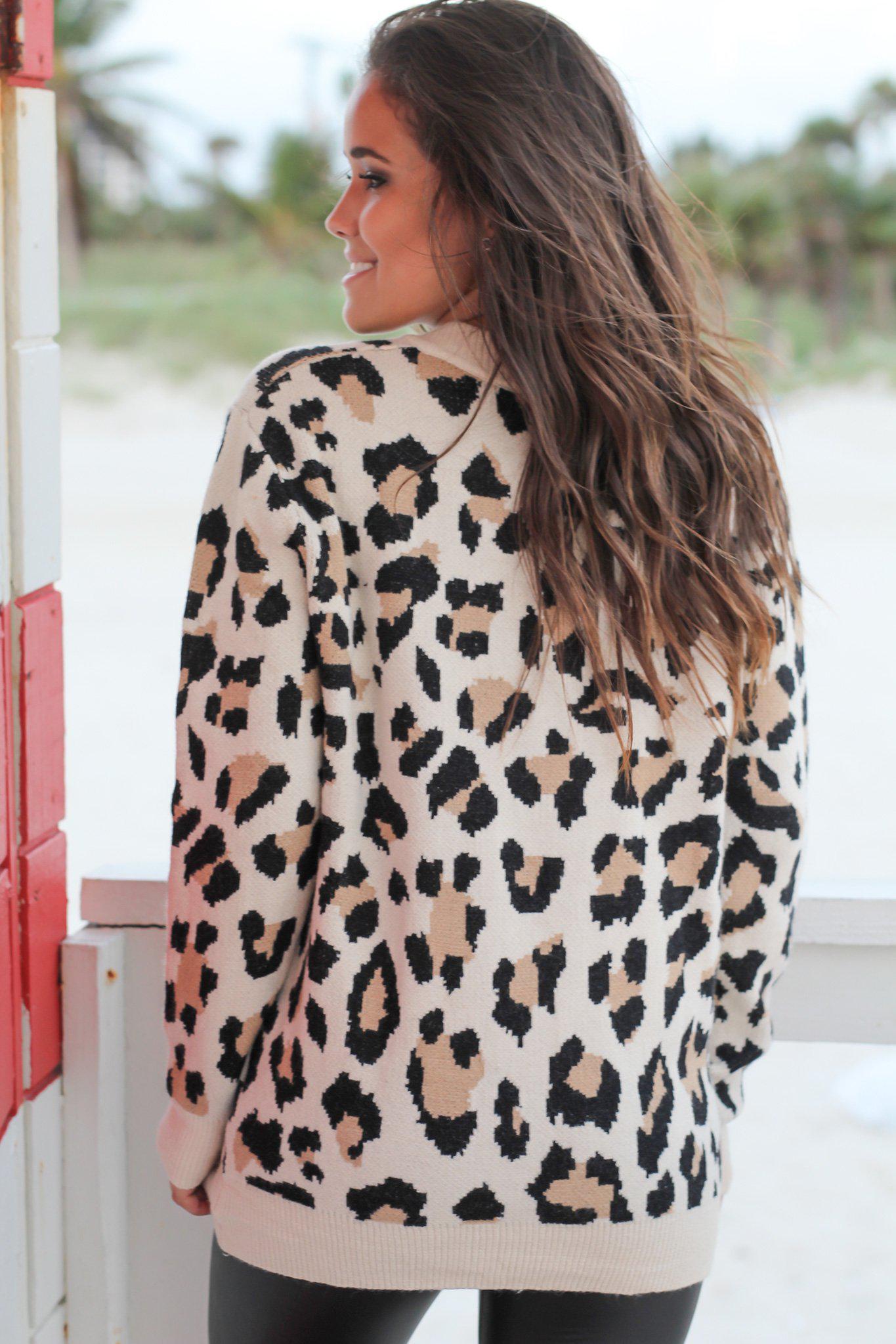 Stylish Cheetah Print Lace-Up Knit Sweater for Fall and Winter
