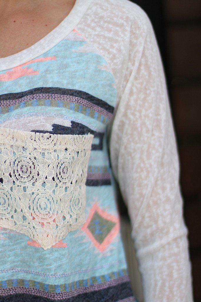 Fashionable Women's Mint and Neon Peach Colored Top Featuring a Crochet Pocket