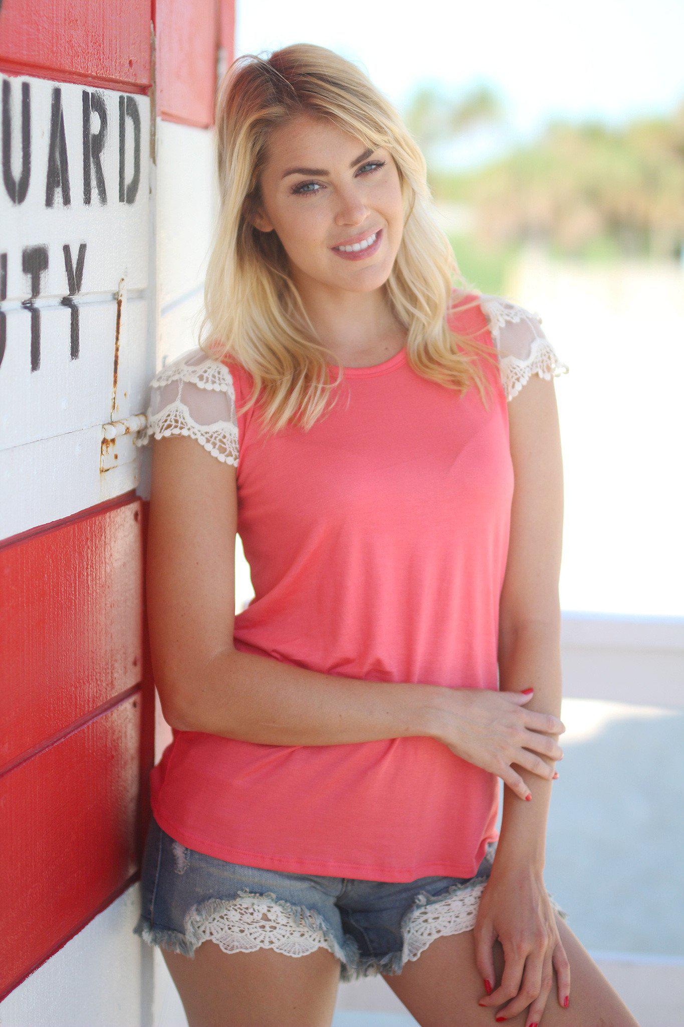 Charming Coral Top Featuring Delicate Lace Short Sleeves