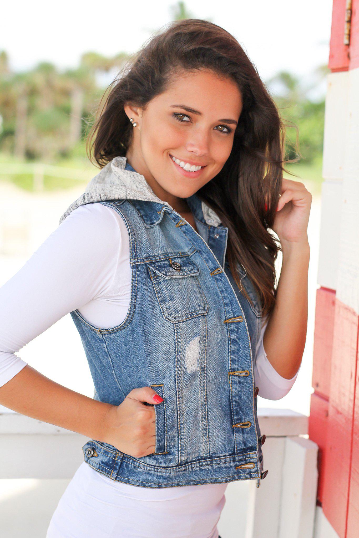 Stylish Medium Wash Denim Vest with Detachable Gray Hood for Layering