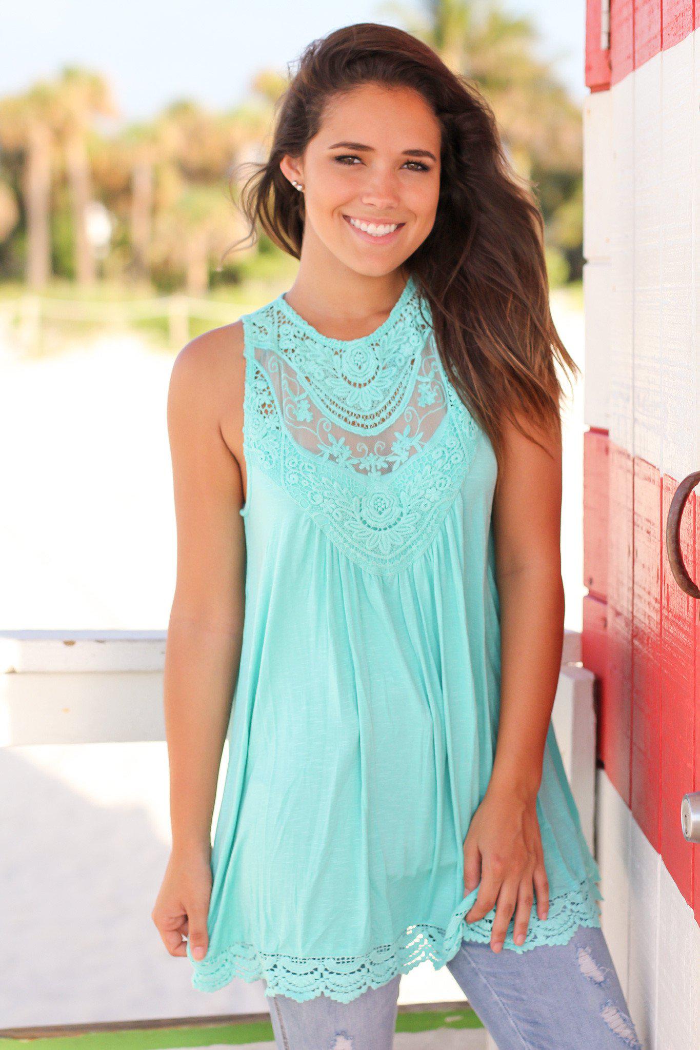 Stylish Mint Colored Crochet Women's Tunic Top