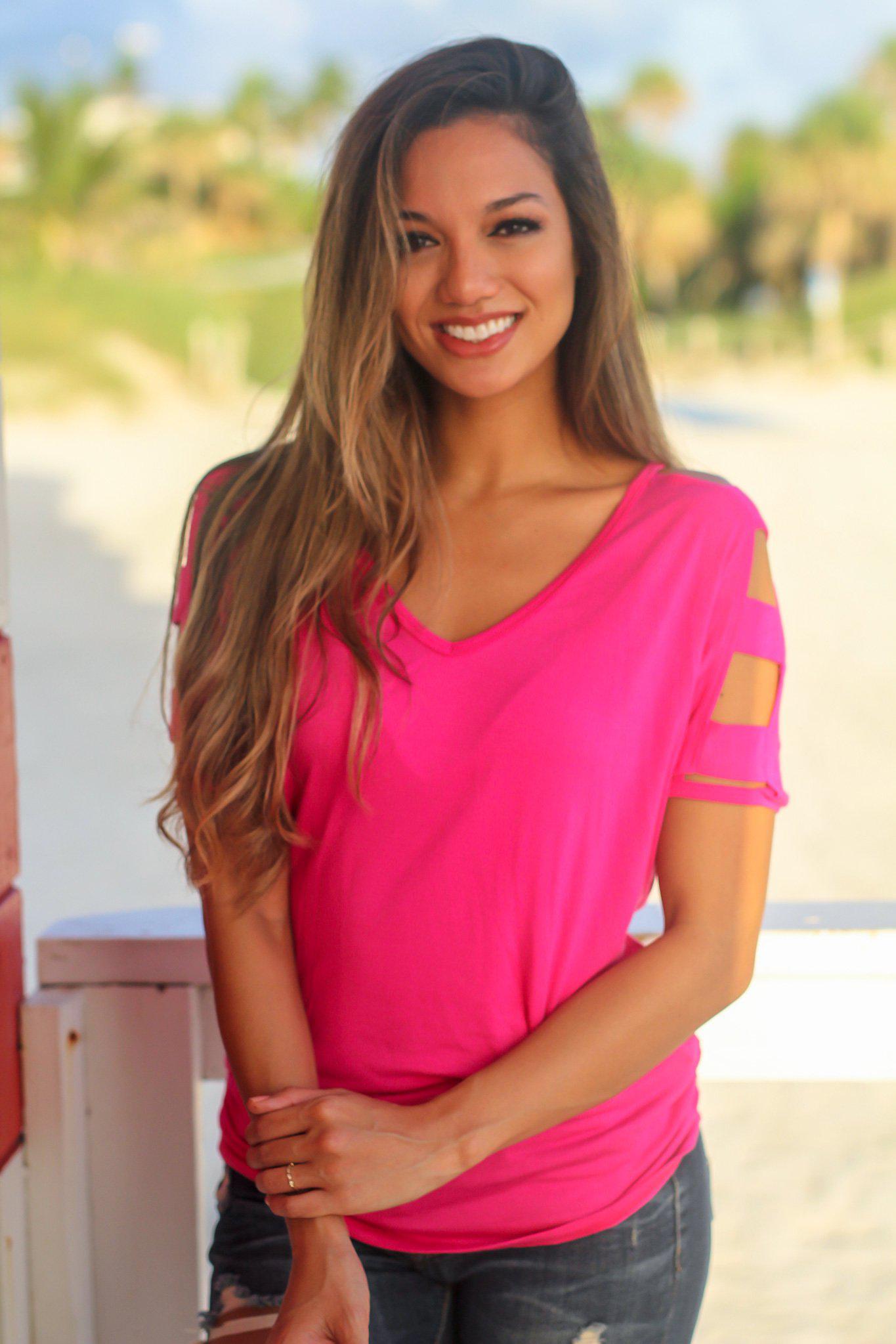 Stylish Hot Pink Women's Top with Strap - Detailing Sleeves