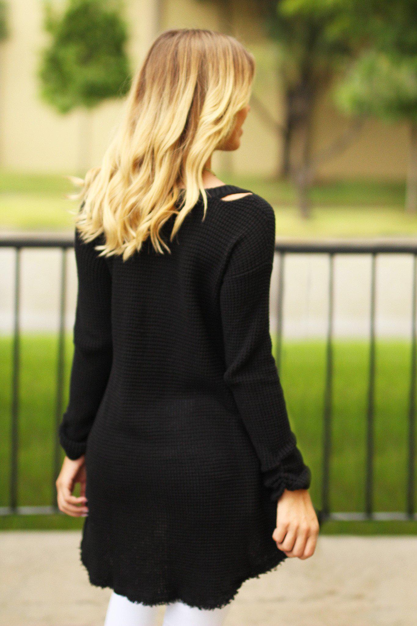 Stylish Black Cotton V-Neck Cold Shoulder Tunic Sweater for All Occasions