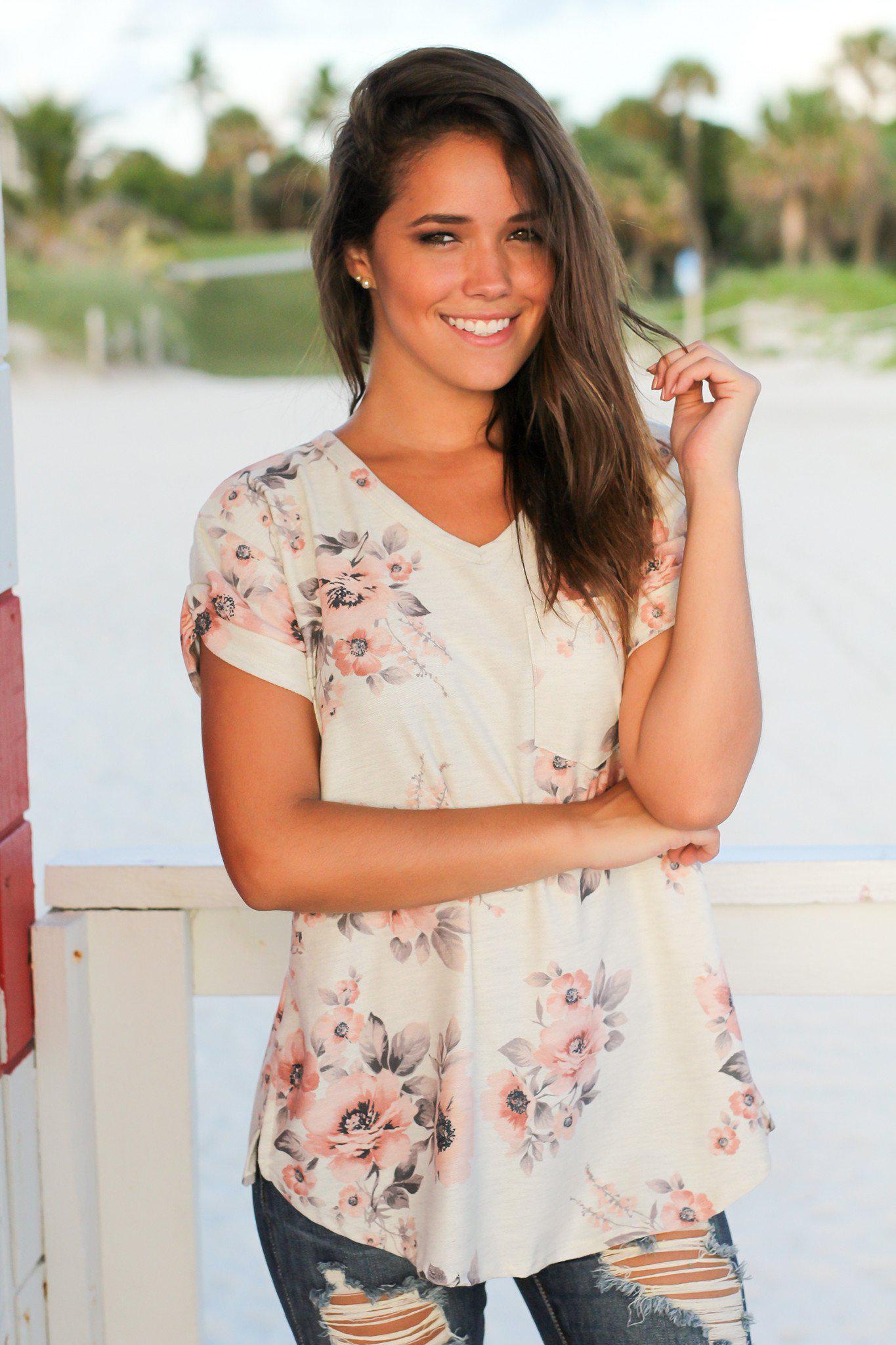 Cream Colored Floral Print Women's V-Neck Casual Top
