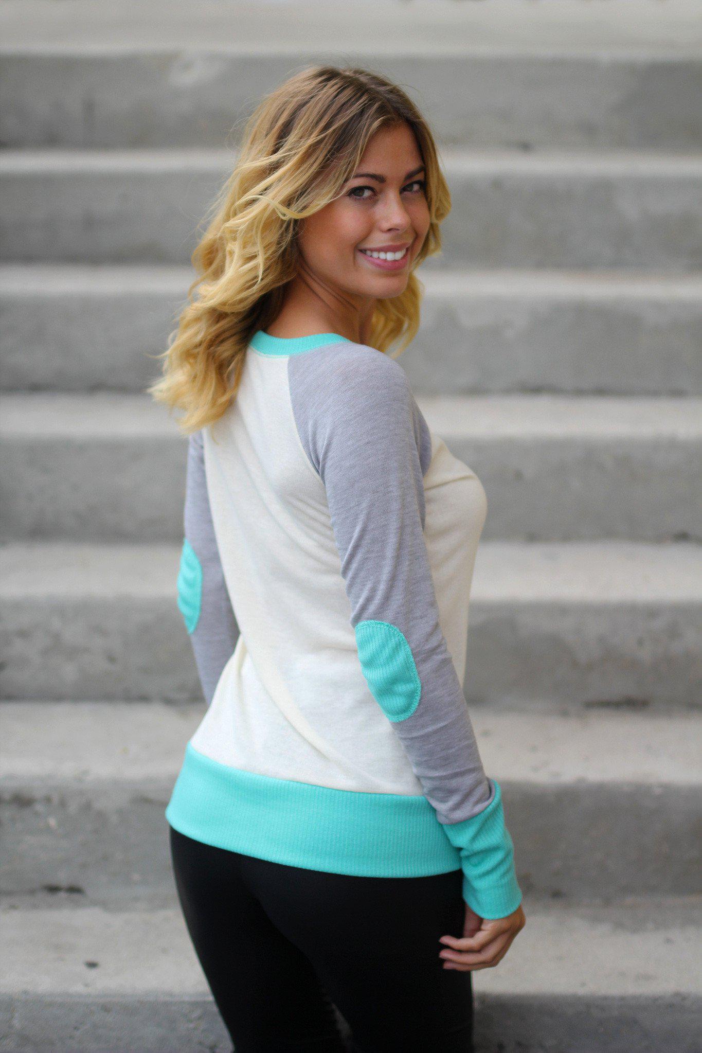 Fashionable Mint and Cream Colored Women's Top Featuring Adorable Elbow Patches