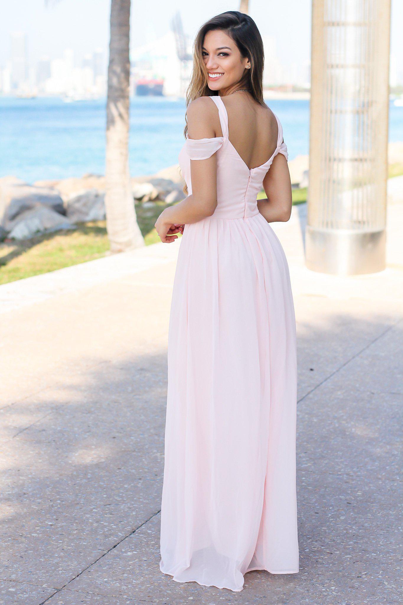 Fabulous Blush-Colored Off-Shoulder Maxi Dress Featuring a Pleated Top for Special Occasions