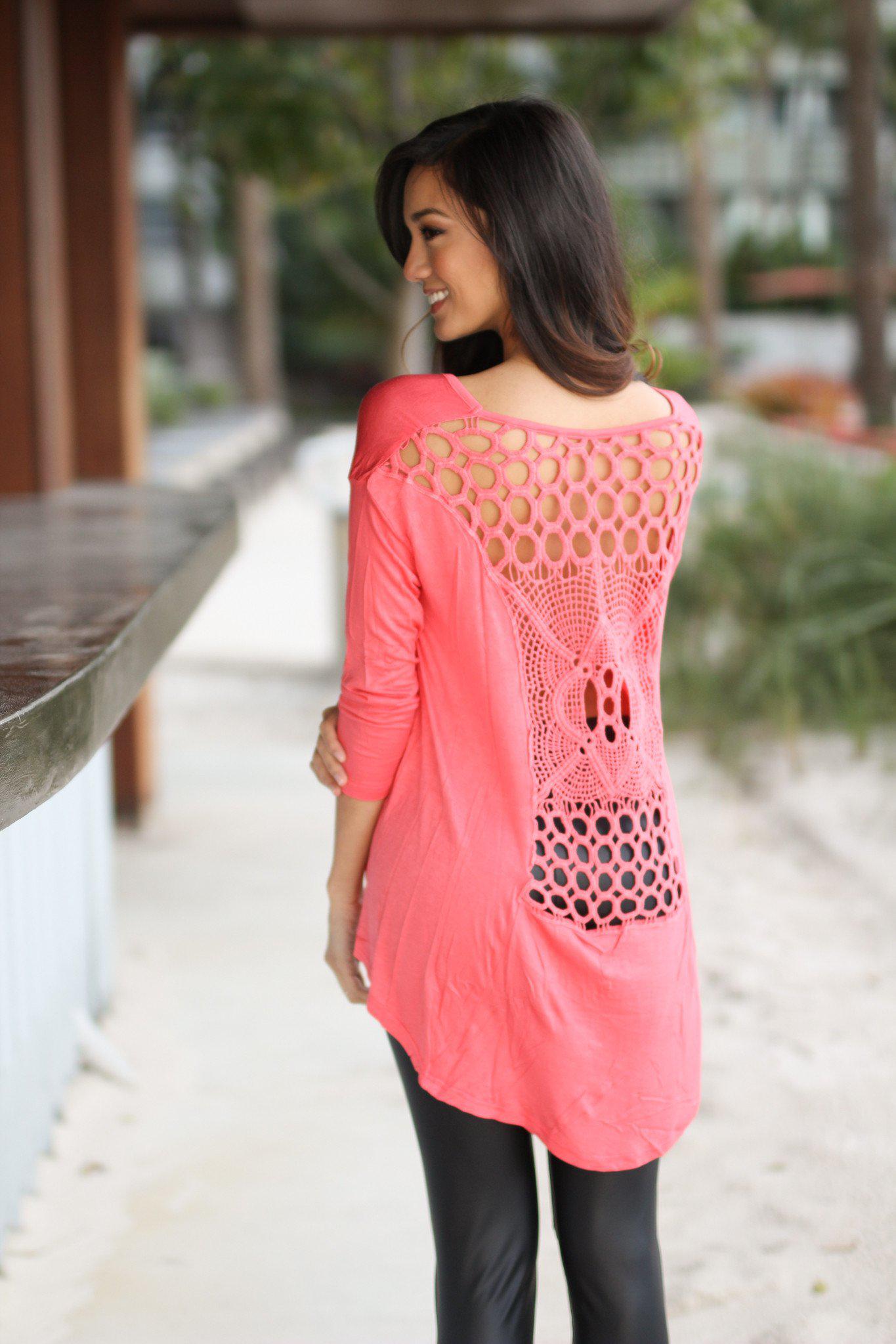 Stylish Coral Colored High-Low Crochet Back Women's Top
