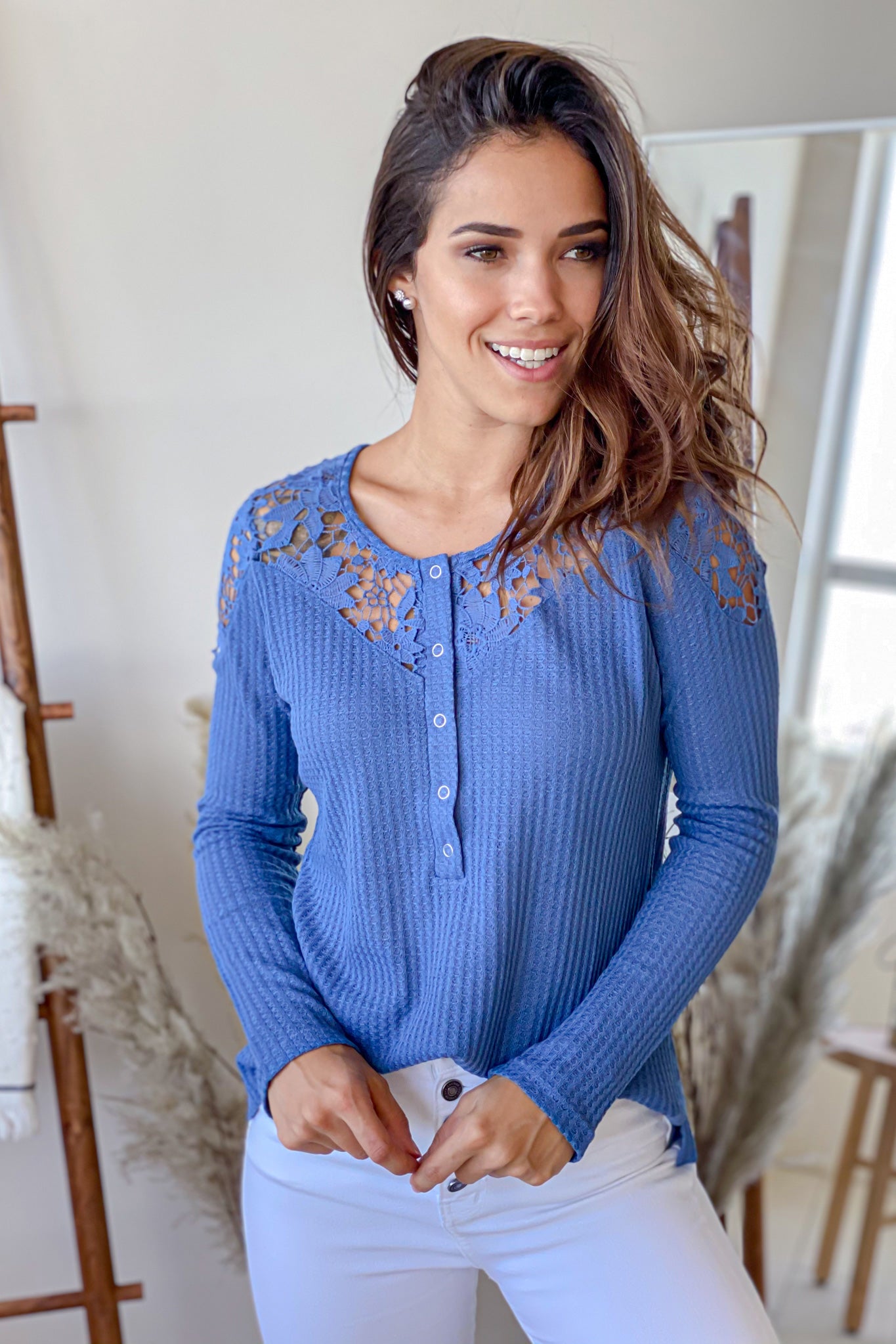 Stylish Blue Henley Top Featuring Floral Crochet Design