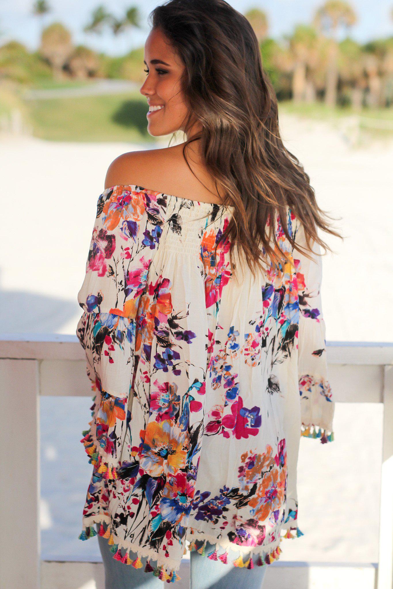Charming Cream Floral Off-the-Shoulder Women's Blouse with Tassel Decorations