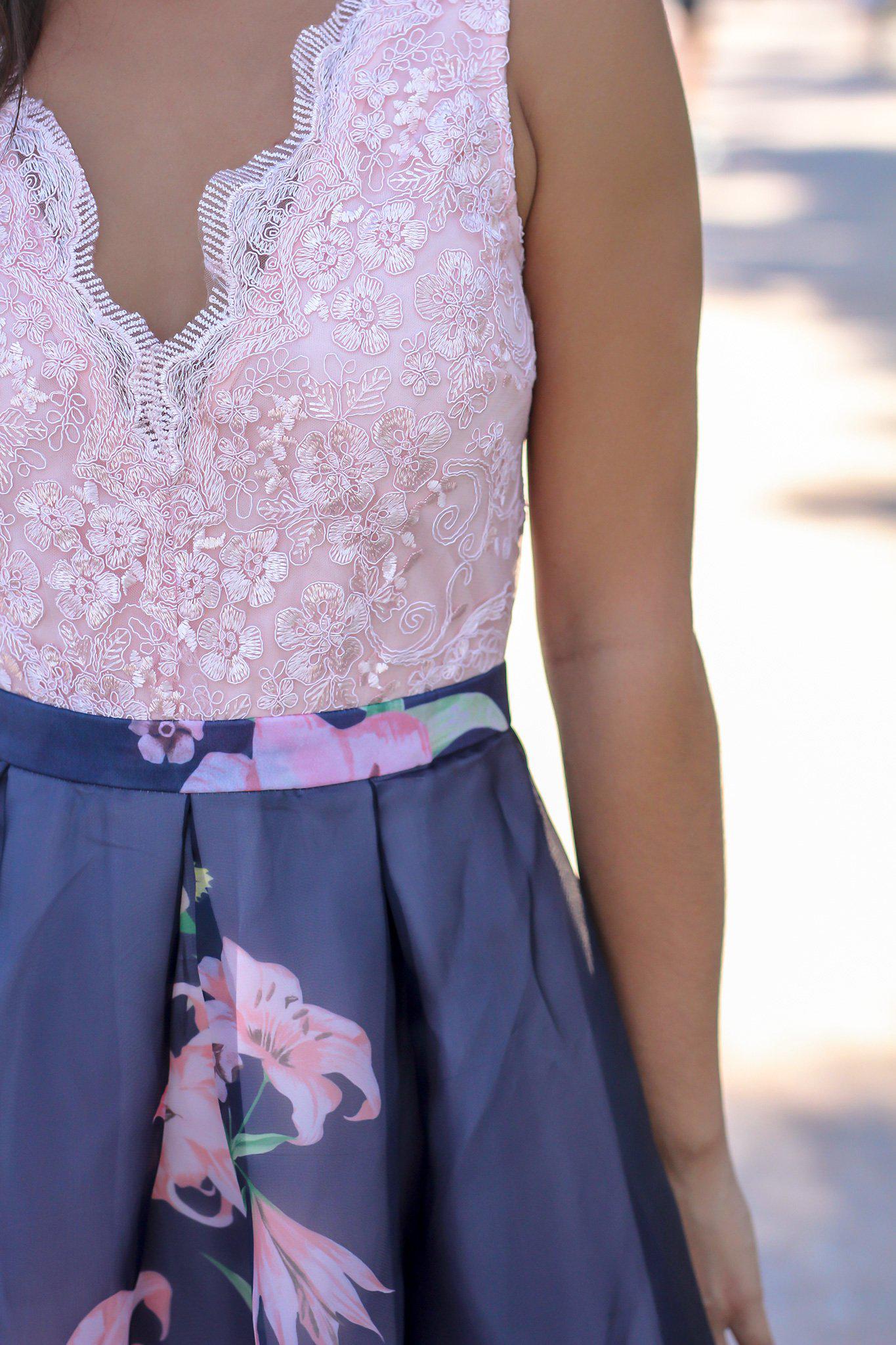 Gorgeous Blush and Navy Floral Sleeveless Maxi Formal Dress