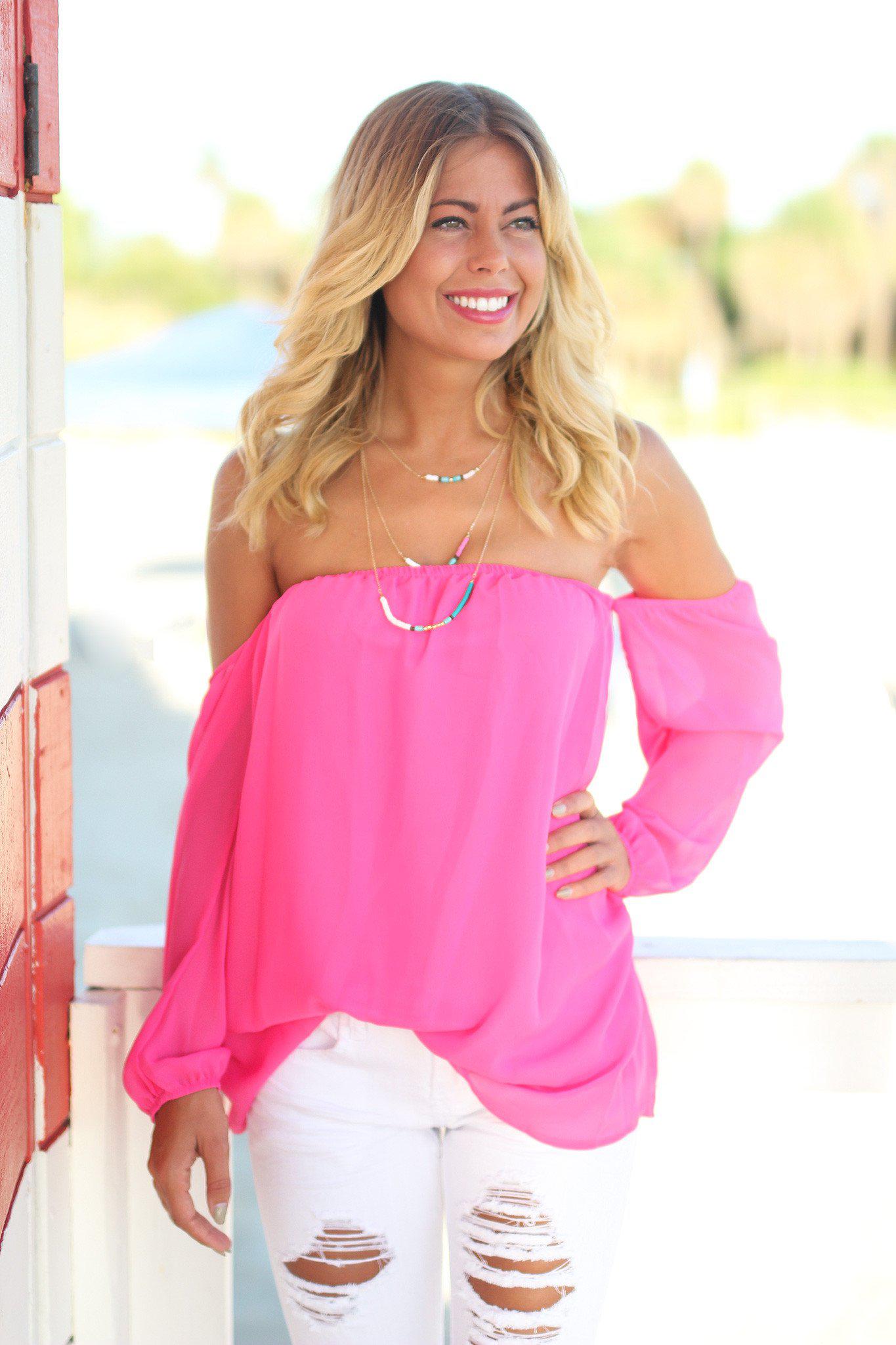Stunning Hot Pink Long Sleeve Off - Shoulder Polyester Top