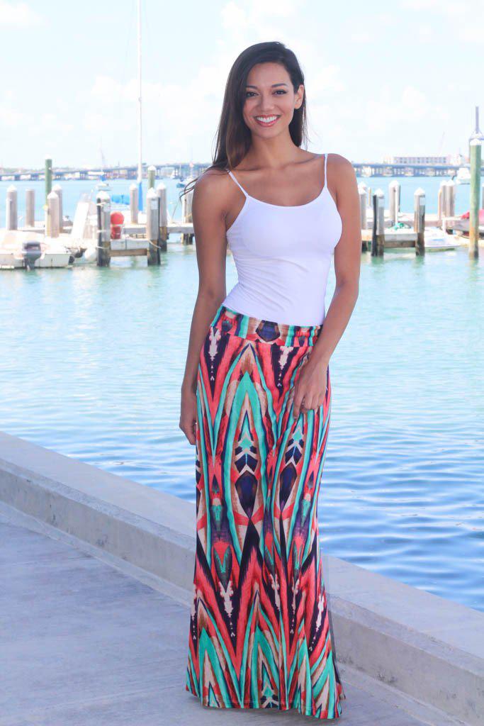 Stunning Coral and Mint Printed Rayon Maxi Skirt with Fold-Over Waistband