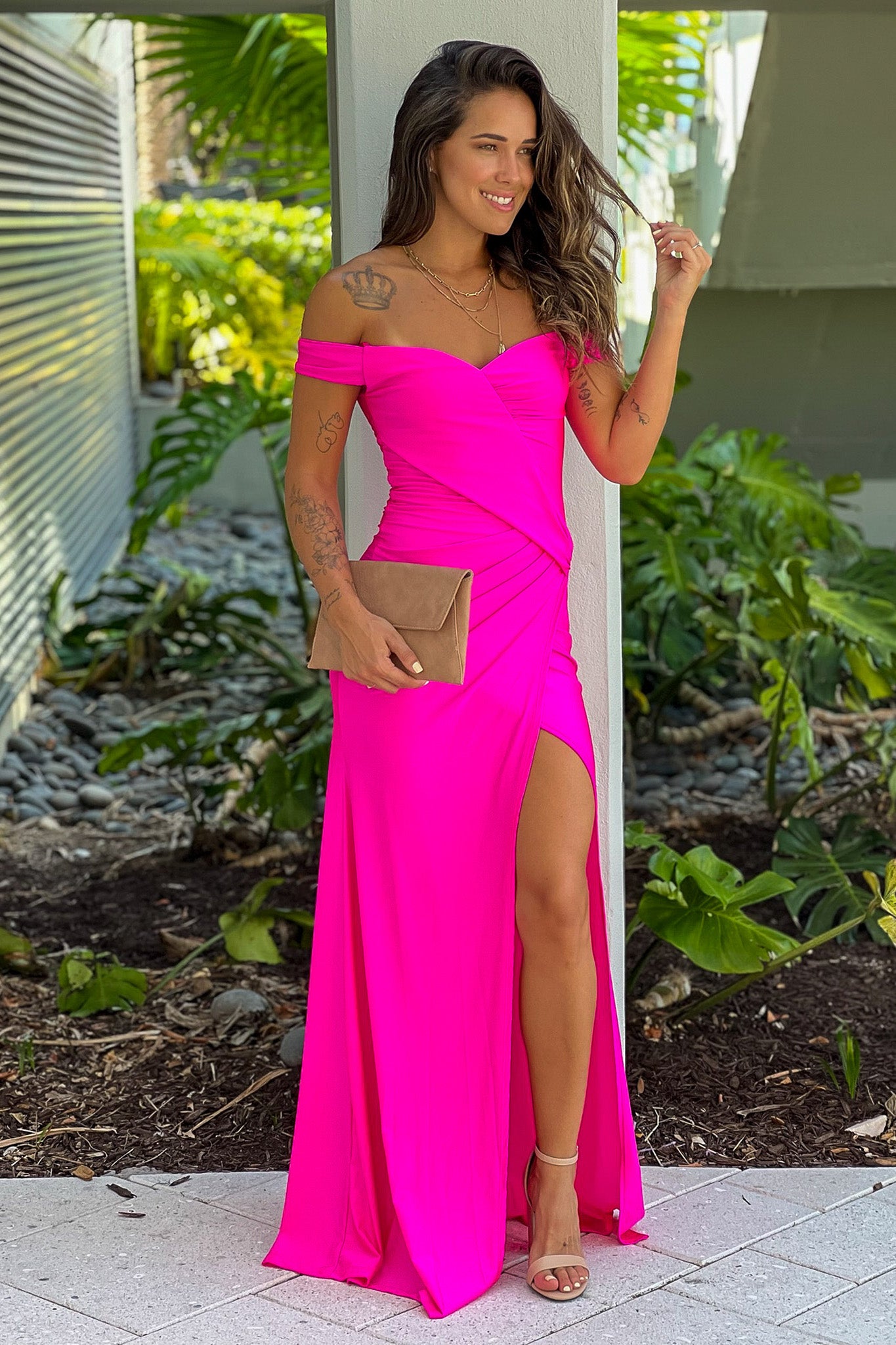Gorgeous Hot Pink Sleeveless Off - Shoulder Maxi Dress with Slit