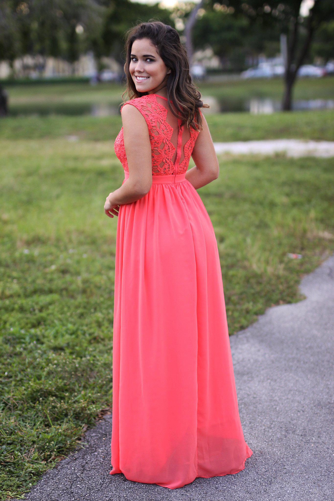 Exquisite Coral-Colored Crochet Design Maxi Dress with Tulle Back for Special Occasions