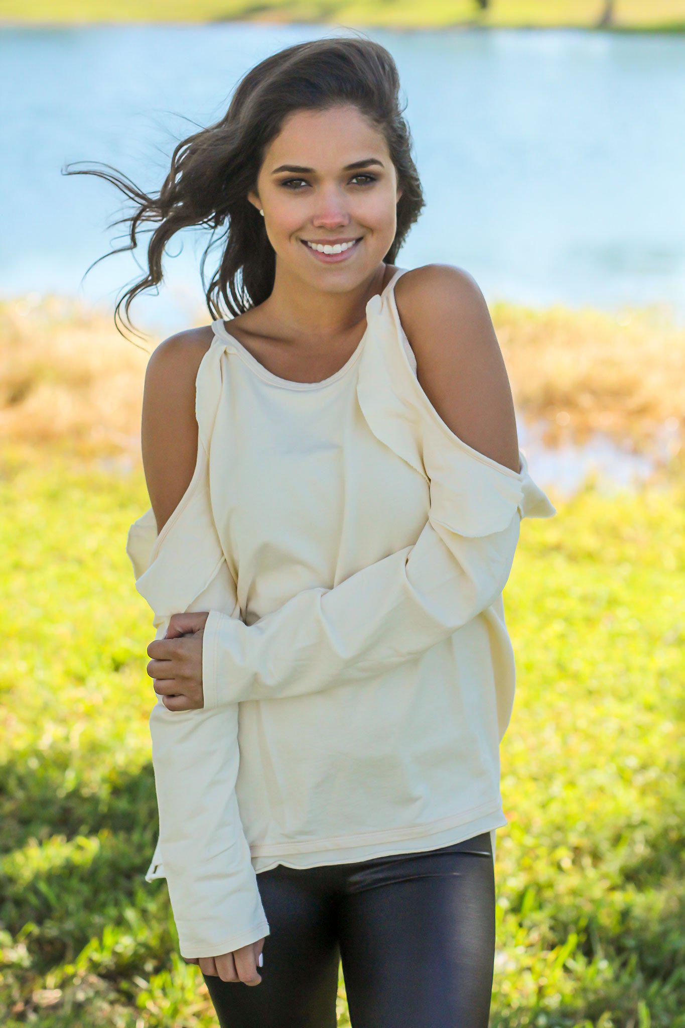 Cream Long Sleeve Cold Shoulder Top with Stylish Ruffle Detail