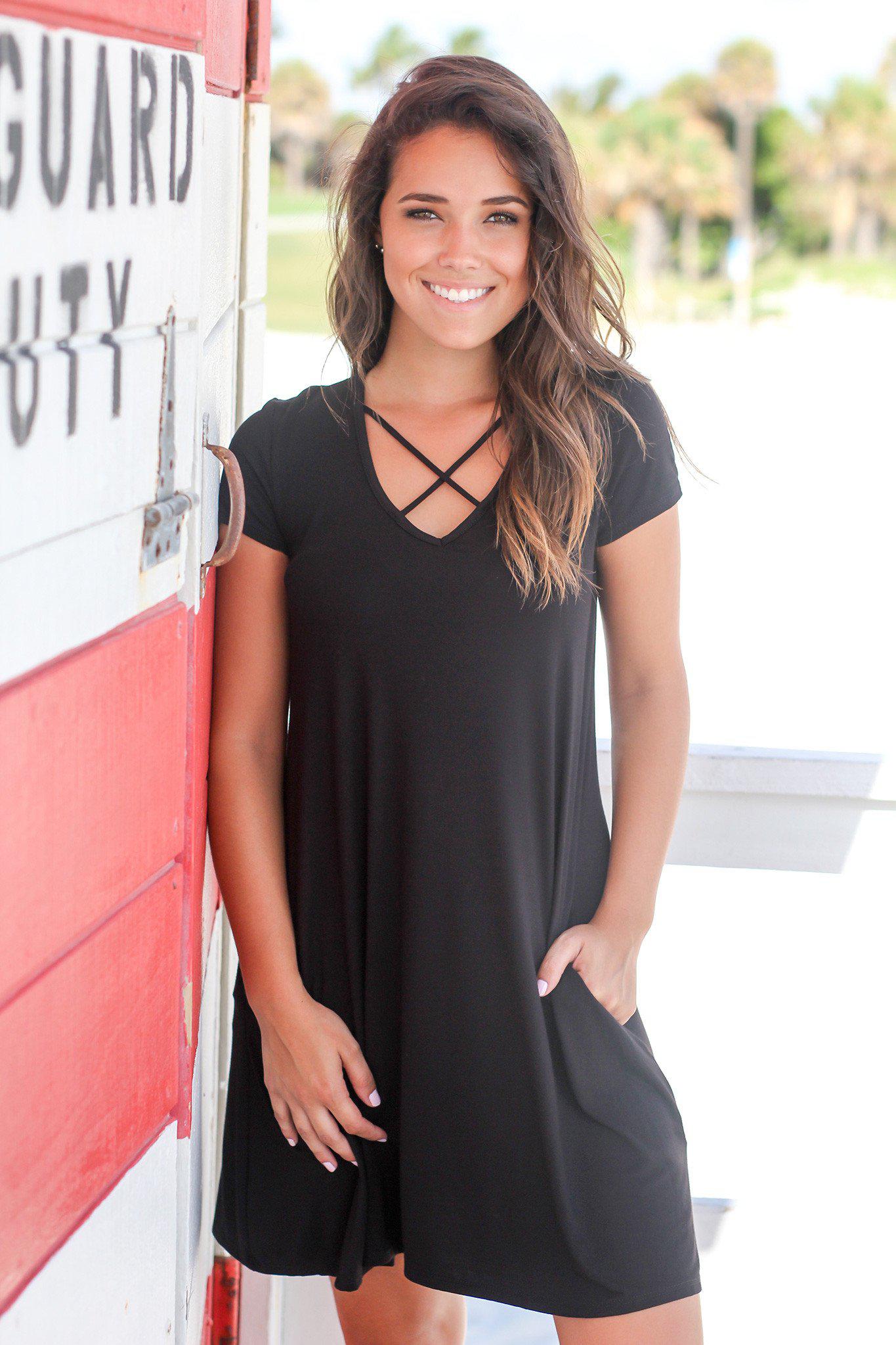 Stylish Black Short Sleeve Criss Cross Mini Dress for Women