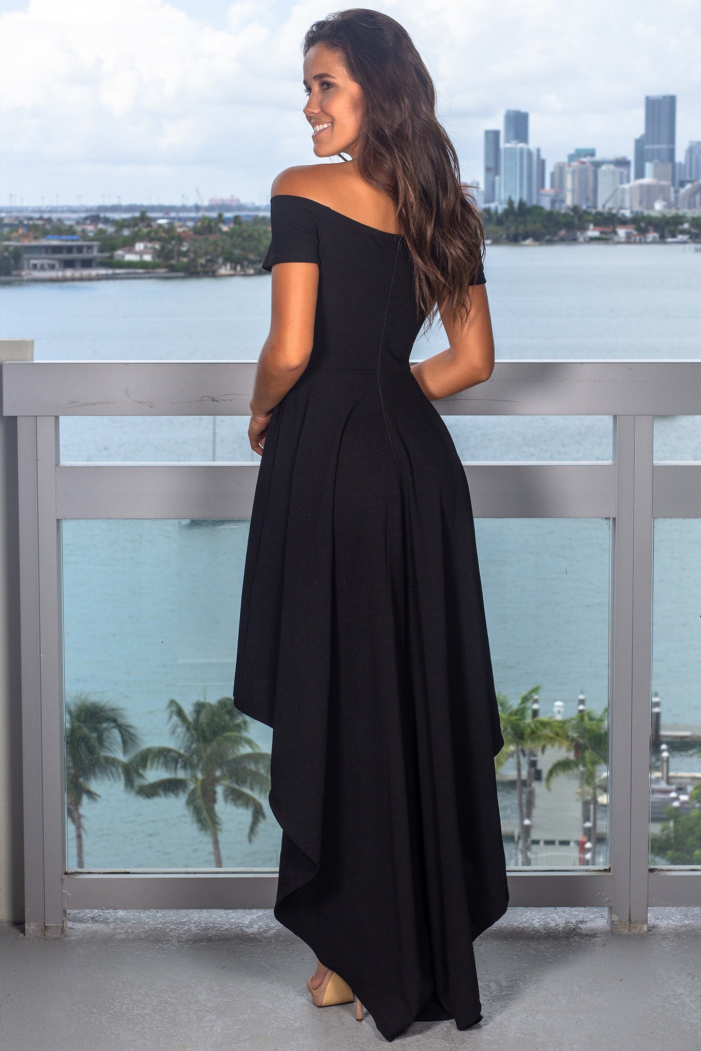 Elegant Off-Shoulder Black High-Low Dress for Special Occasions