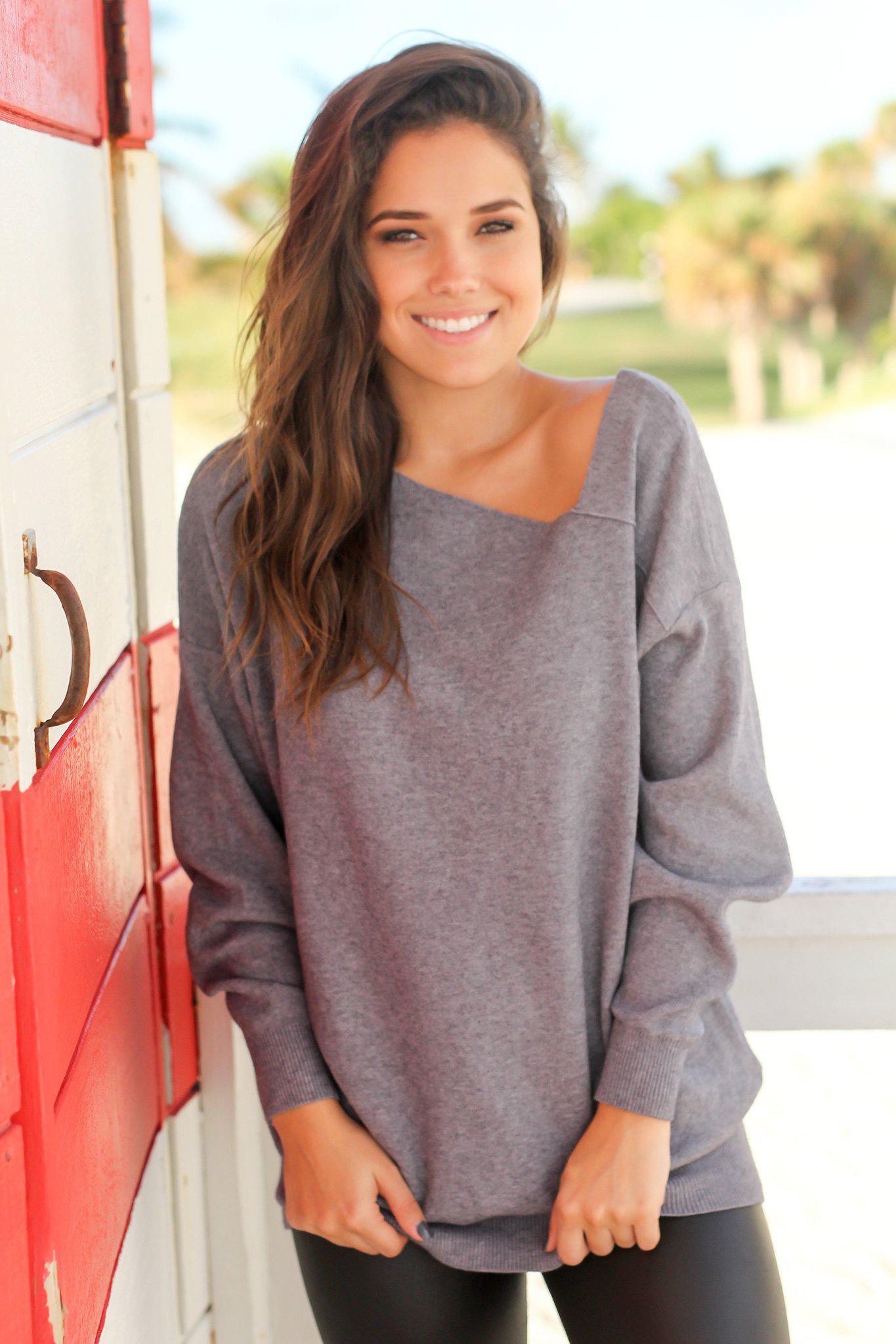 Stylish Heather Gray Women's Tunic Top with Asymmetrical Hemline