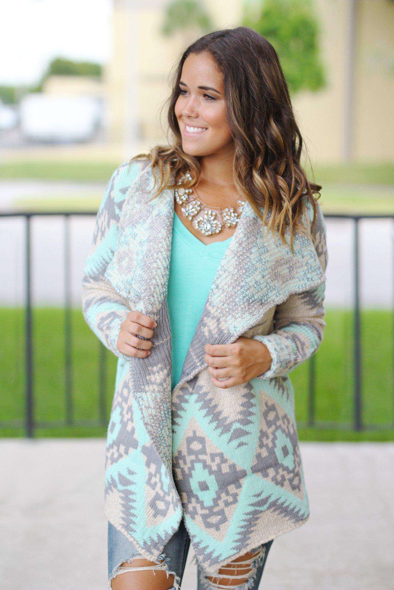 Stylish Mint and Gray Aztec Patterned Women's Cardigan for Fall and Winter