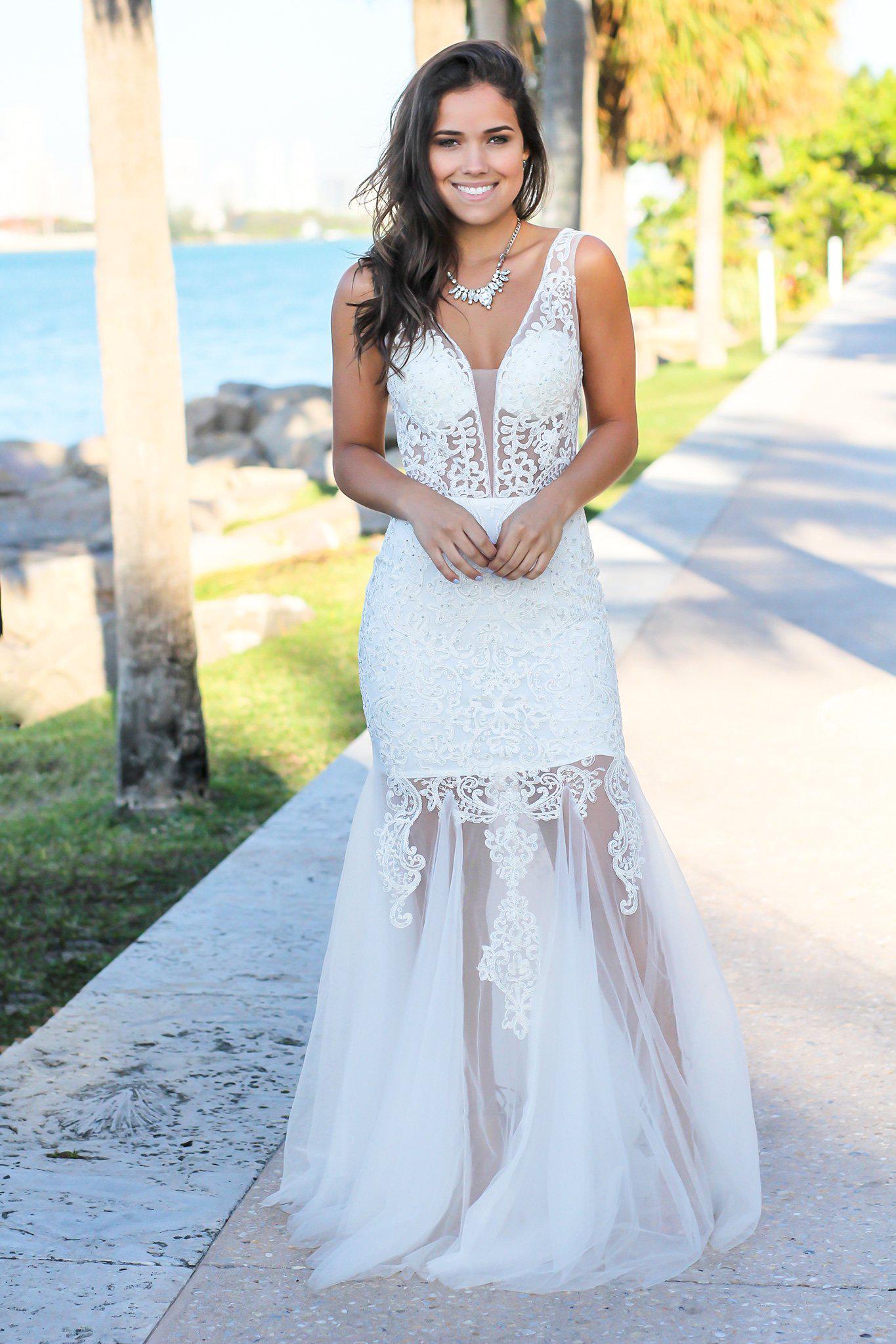 Stunning Cream Polyester Lace Maxi Dress with Tulle Design