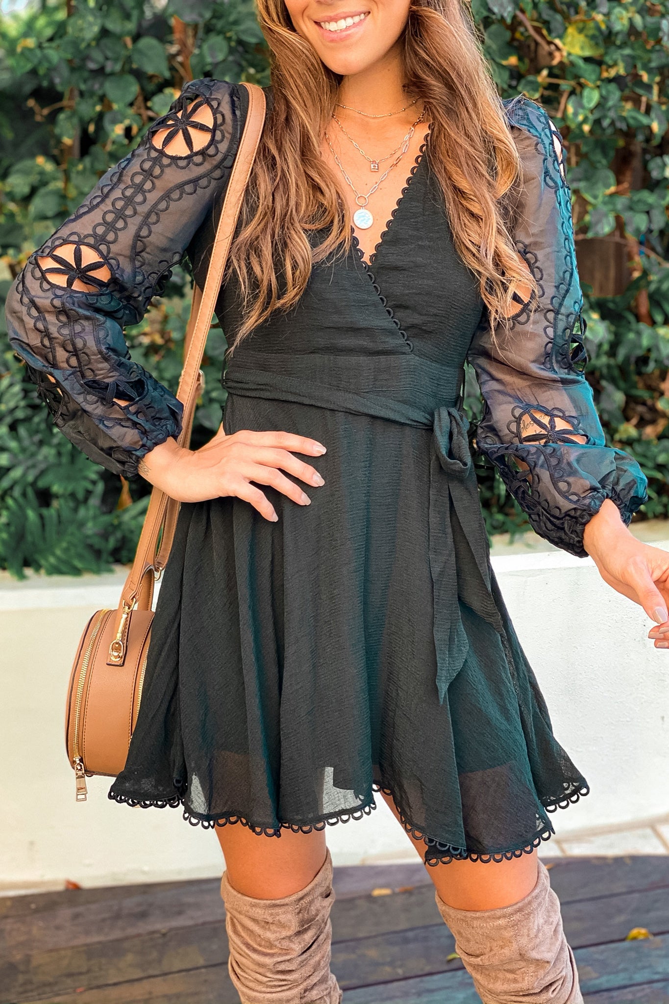 Stylish Black Short Dress with Embroidered Long Sleeves