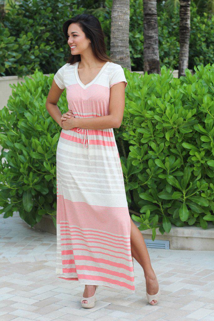 Summer Coral Striped Long Maxi Dress for Women