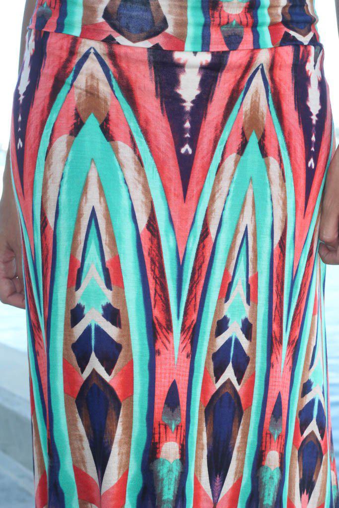 Stunning Coral and Mint Printed Rayon Maxi Skirt with Fold-Over Waistband
