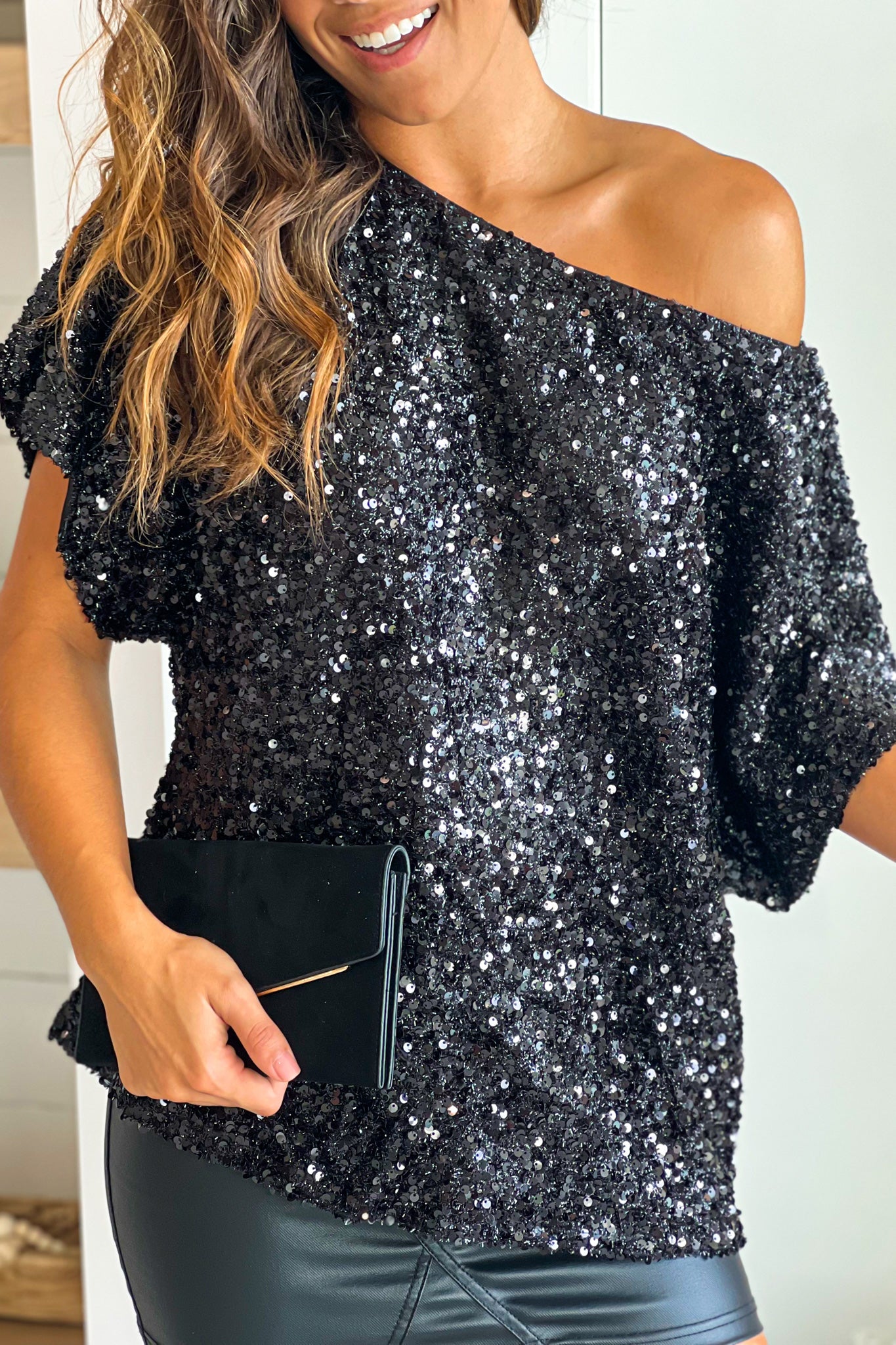 Gorgeous Black Sequin Wide Neck Women's Top for Special Occasions