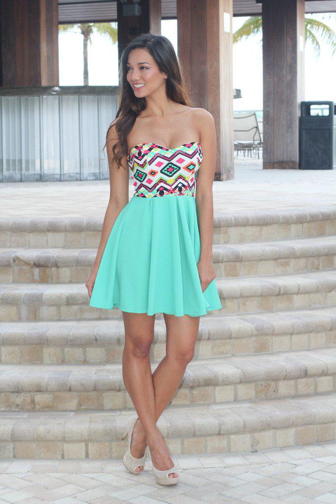 Stylish Mint Aztec-Printed Short Summer Dress for Women