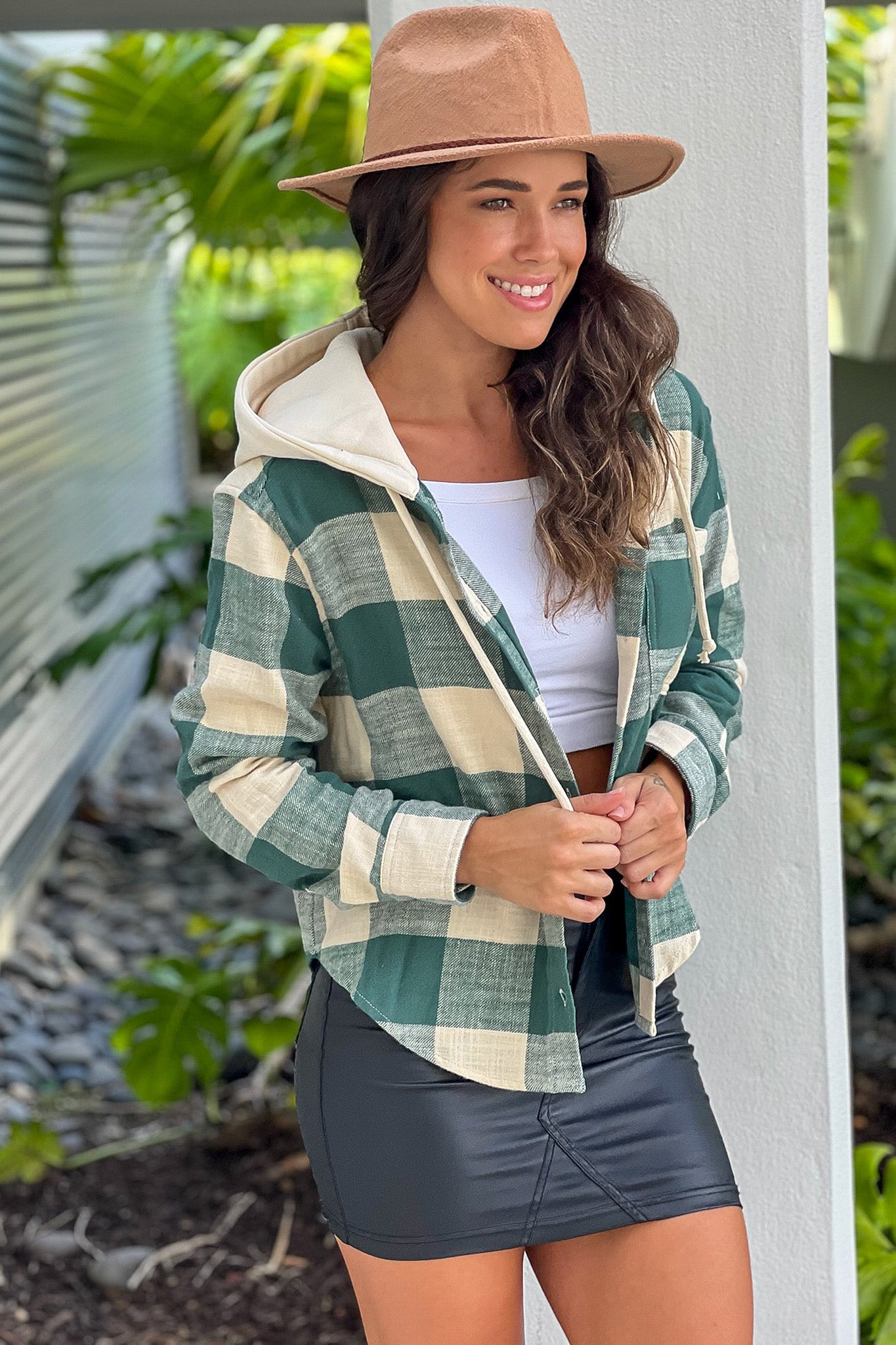 Stylish Hunter Green and Cream Plaid Pattern Hooded Cotton-Polyester Jacket for Fall/Winter