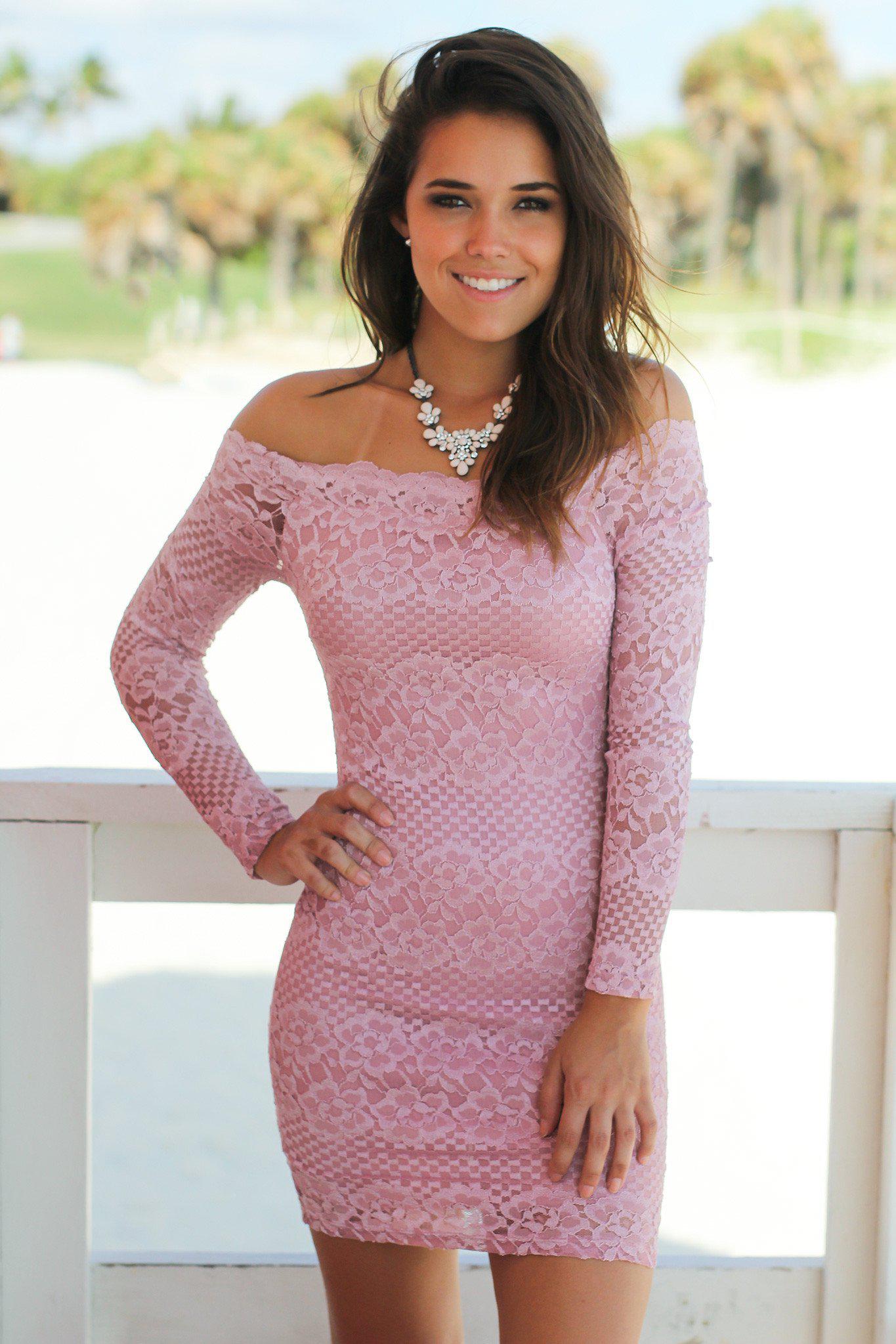 Gorgeous Mauve Colored Lace Off - Shoulder Short Evening Dress