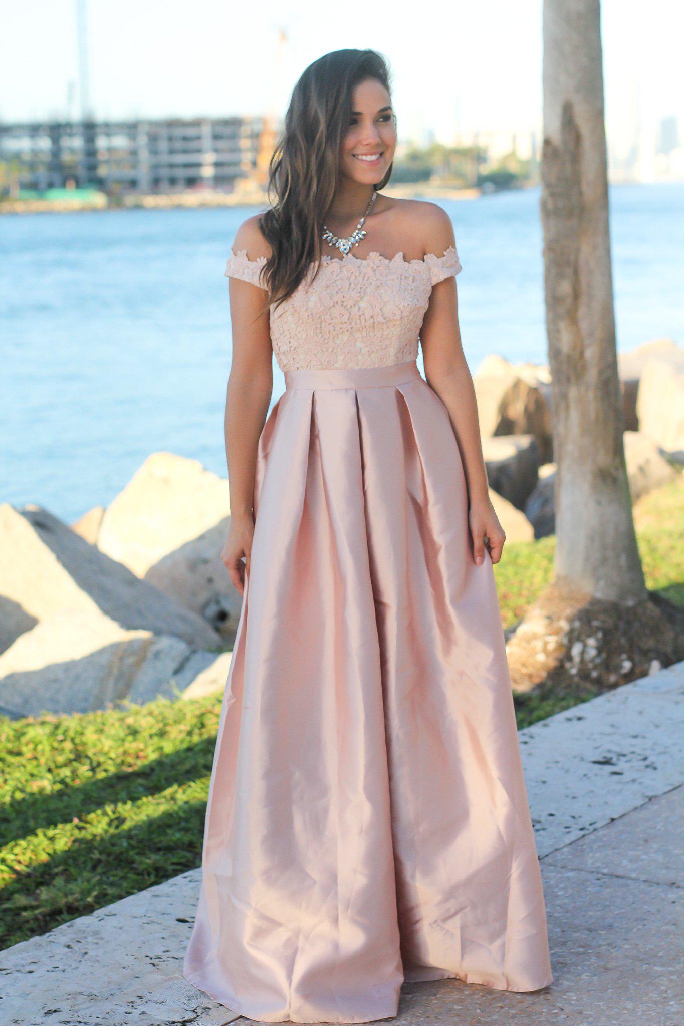 Elegant Blush and Cream Off-Shoulder Crochet Top Maxi Dress for Special Occasions