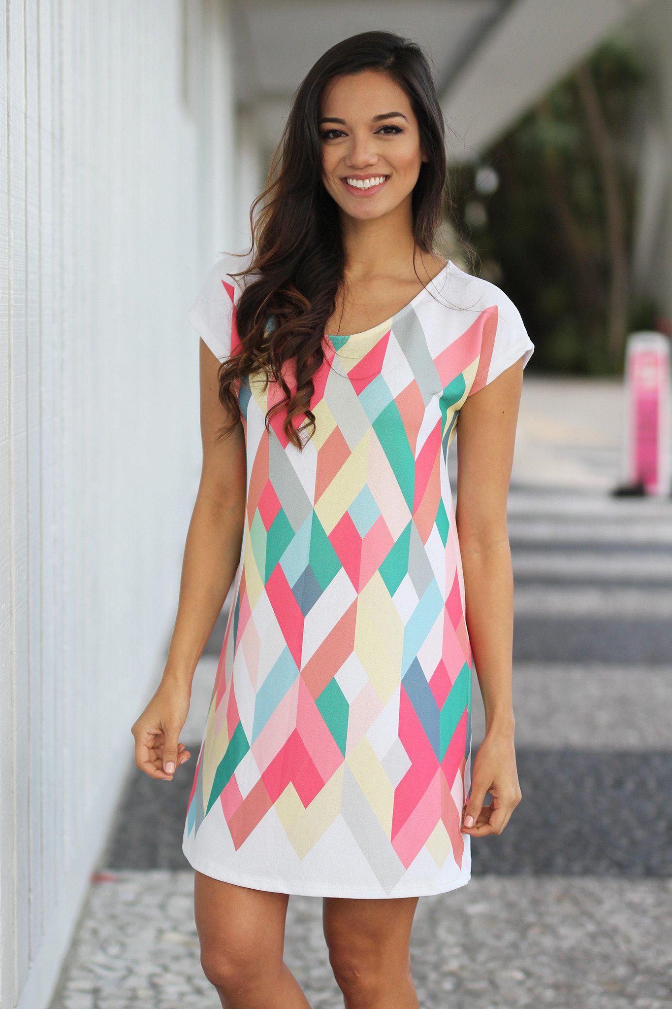 Stylish Coral Geometric Women's Short Dress for Fashionable Outfits