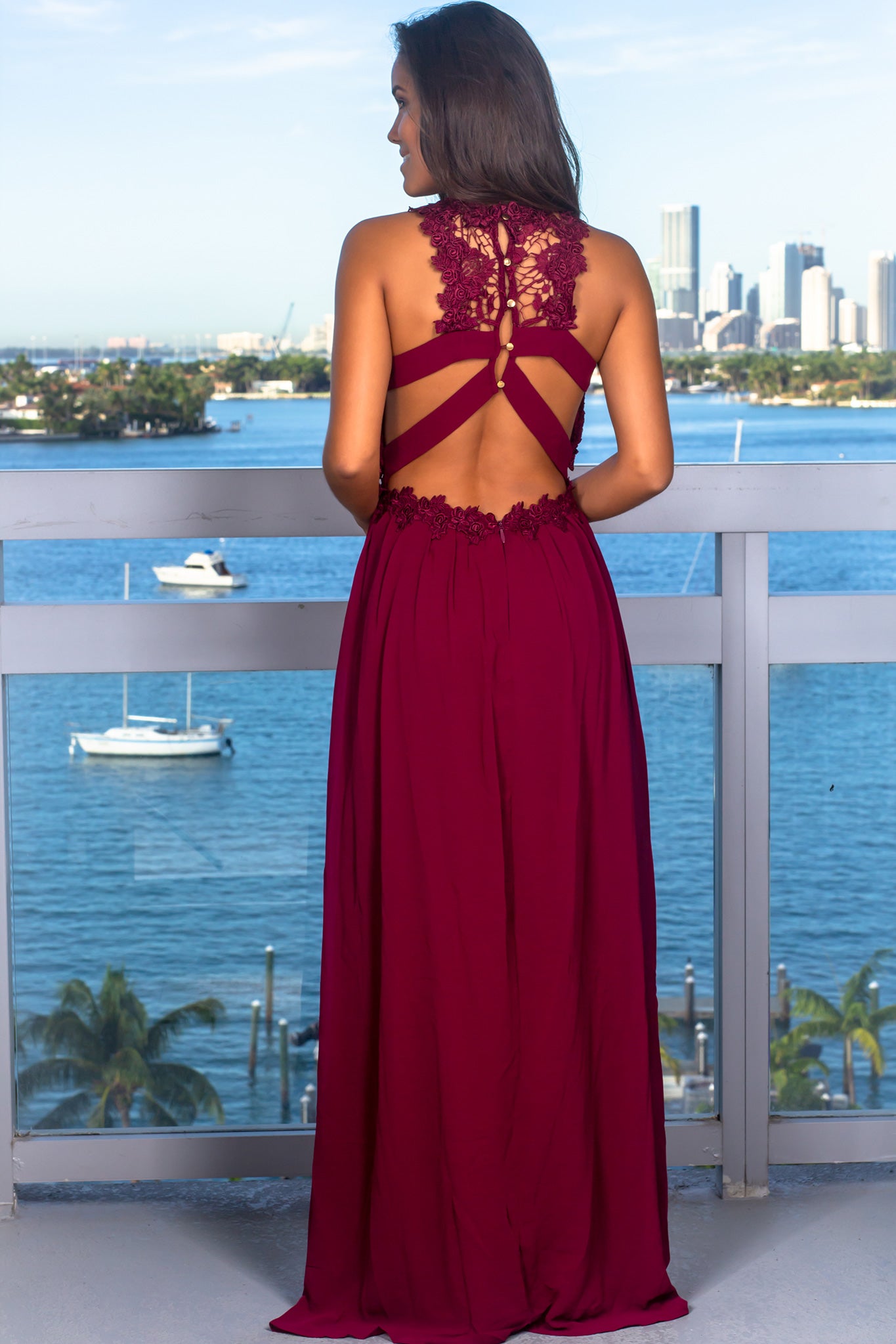 Stylish Merlot Embroidered Sleeveless Maxi Dress with Strappy Back