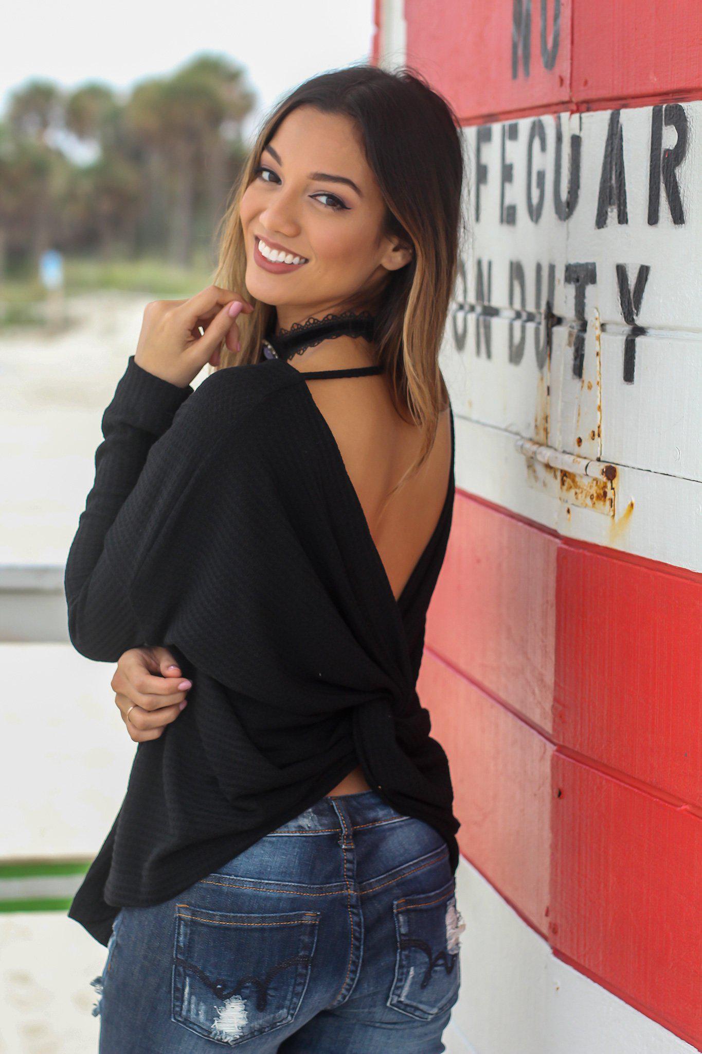 Stylish Women's Black Knitted V-Neck Long-Sleeved Top with Back Knot Detail