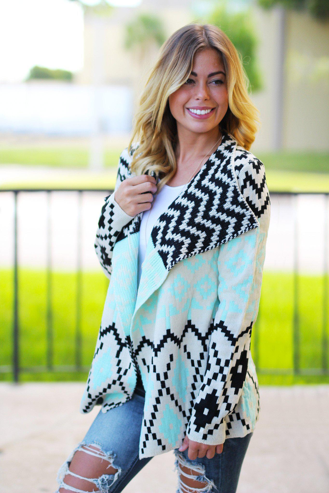 Stylish Mint and Ebony Printed Women's Cardigan for Fashionable Warmth