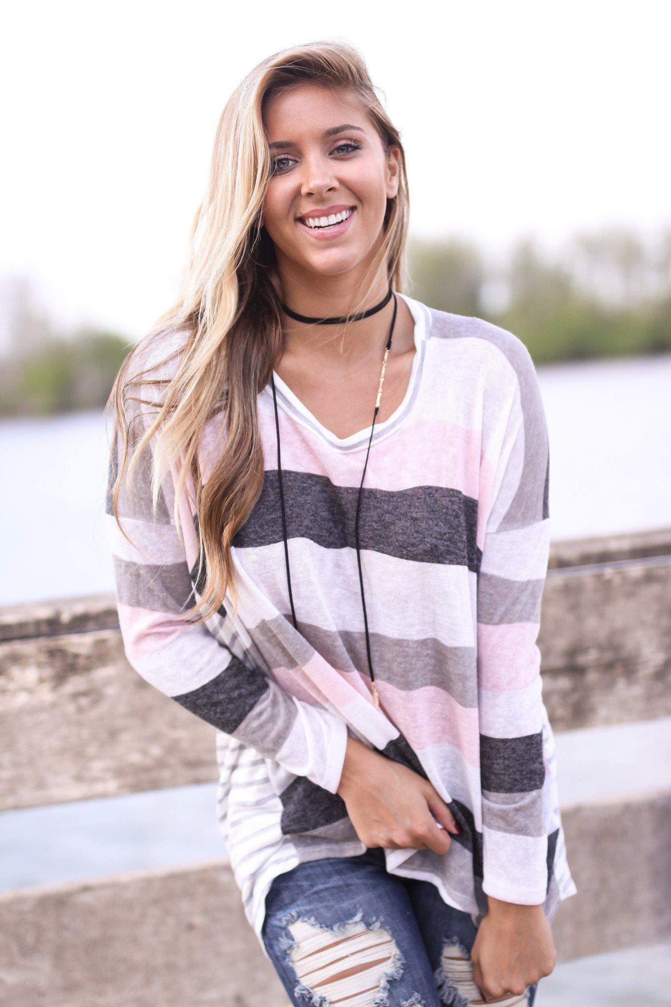 Stylish Ivory and Pink Striped Back Long - Sleeve Top