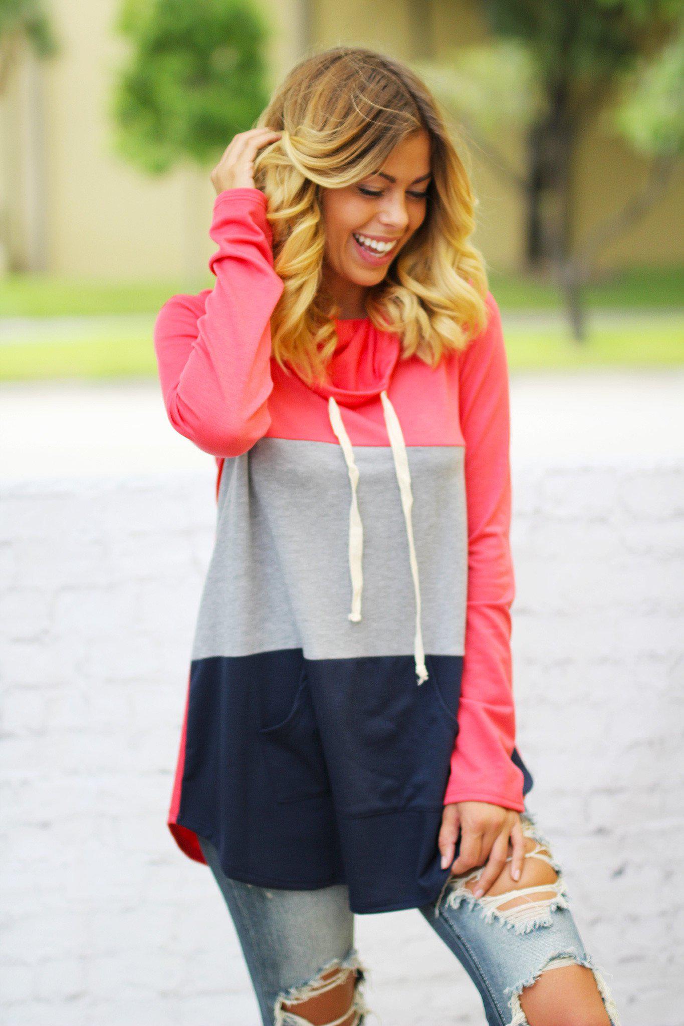 Stylish Coral Color - Block Pocketed Tunic Top for Fall