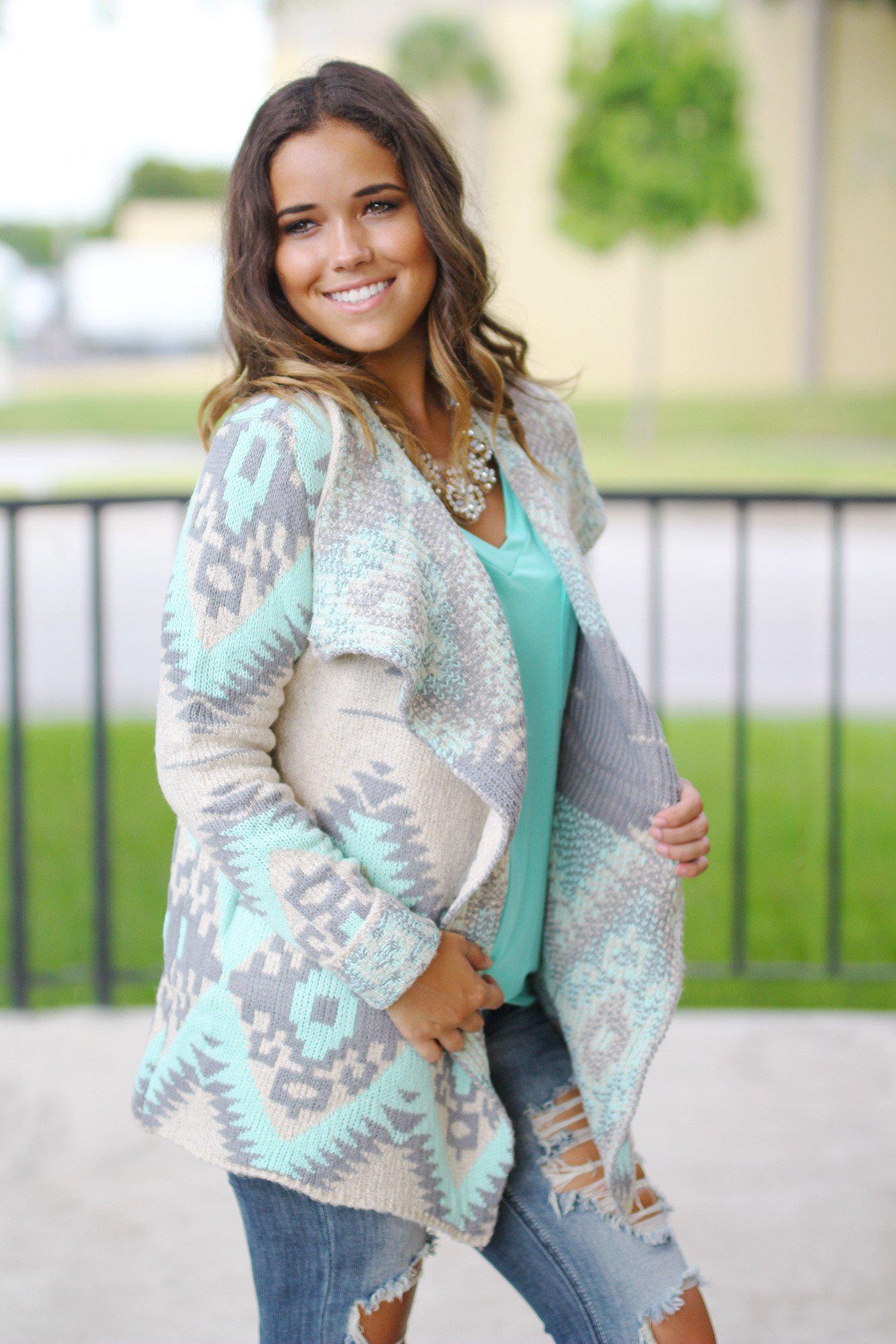 Stylish Mint and Gray Aztec Patterned Women's Cardigan for Fall and Winter
