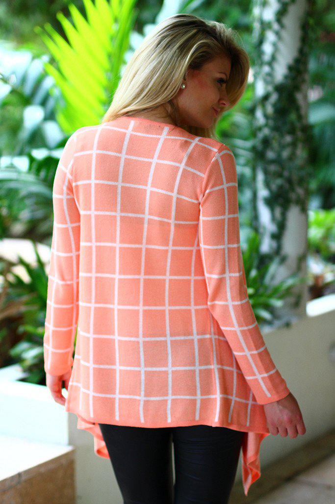 Stylish Coral Plaid Open Front Cardigan for Winter/Spring