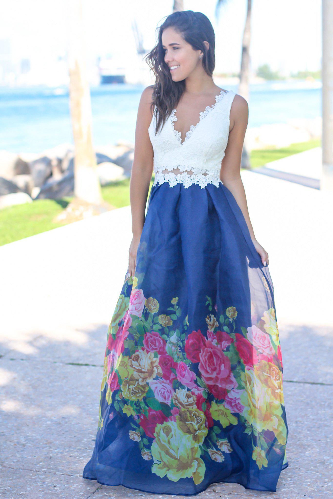 Stylish Ivory and Navy Floral Crochet Top Maxi Dress for Summer Occasions