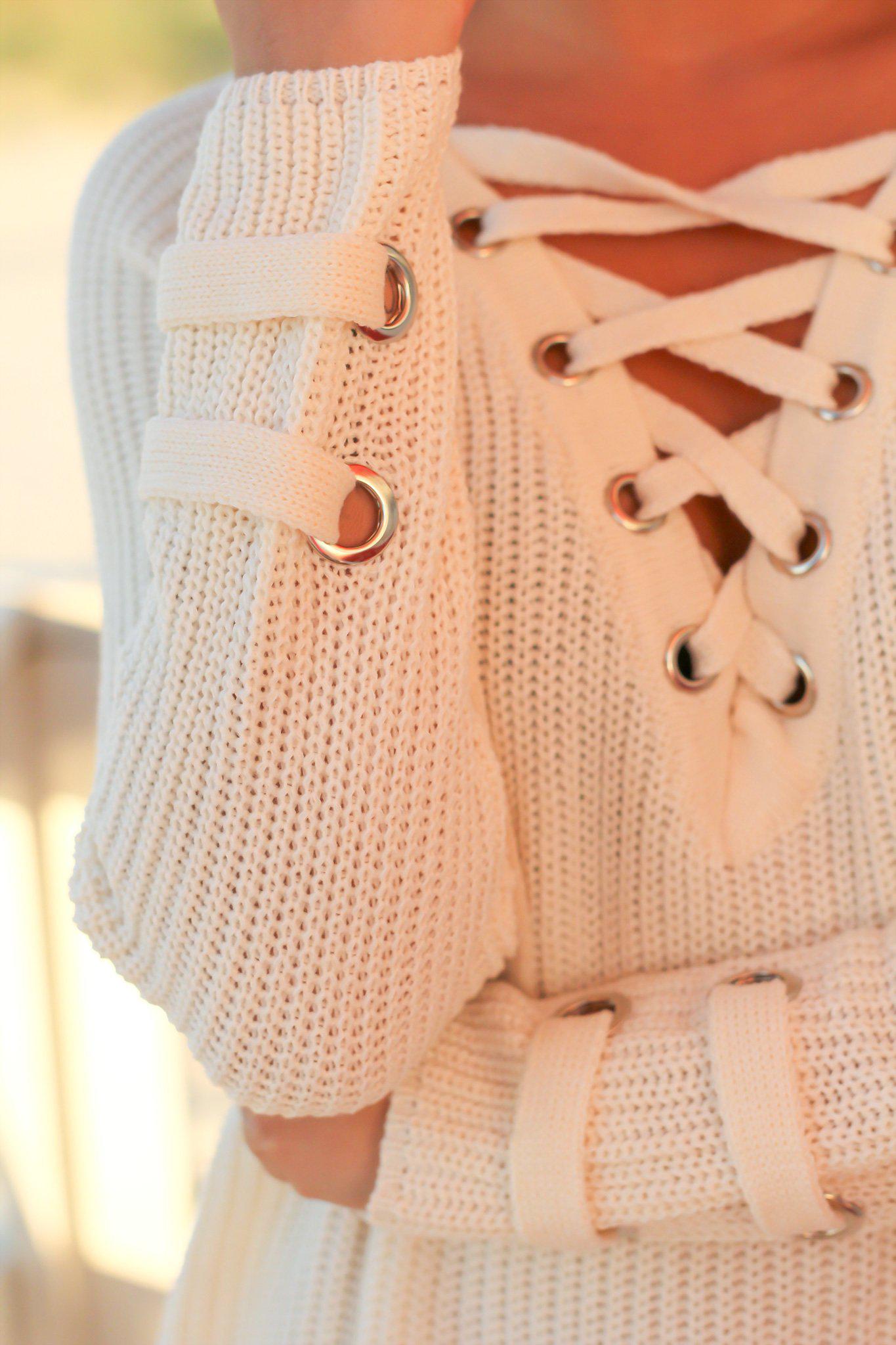 Cream Colored Lace Up Knitted Women's Sweater for Fall and Winter