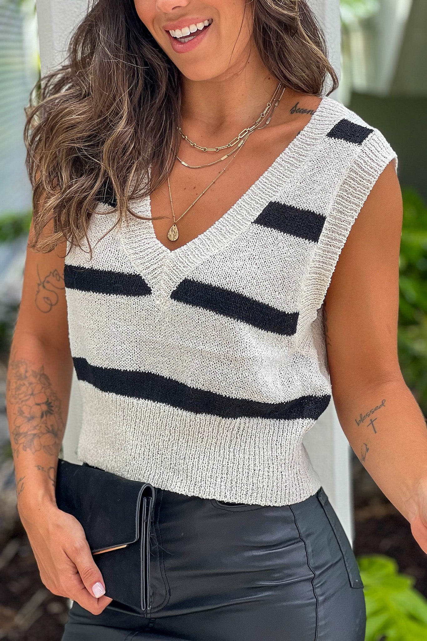 Stylish Ivory and Black Striped Cropped V-Neck Knit Sweater Vest